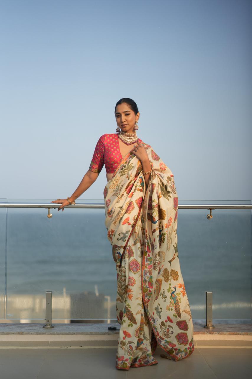 White Heavy Motif Zari Woven Pashmina Silk Saree with Unstitched Blouse- PS24