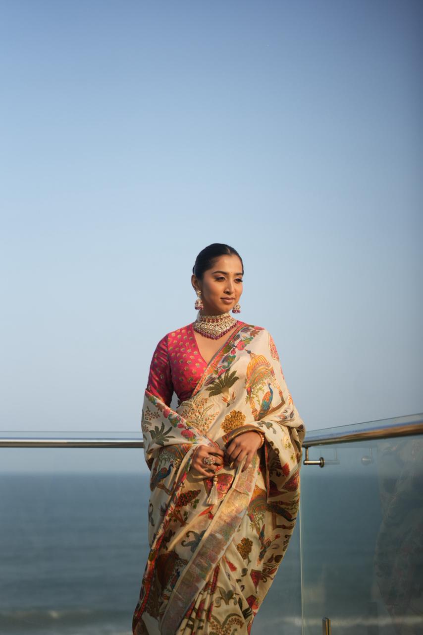White Heavy Motif Zari Woven Pashmina Silk Saree with Unstitched Blouse- PS24