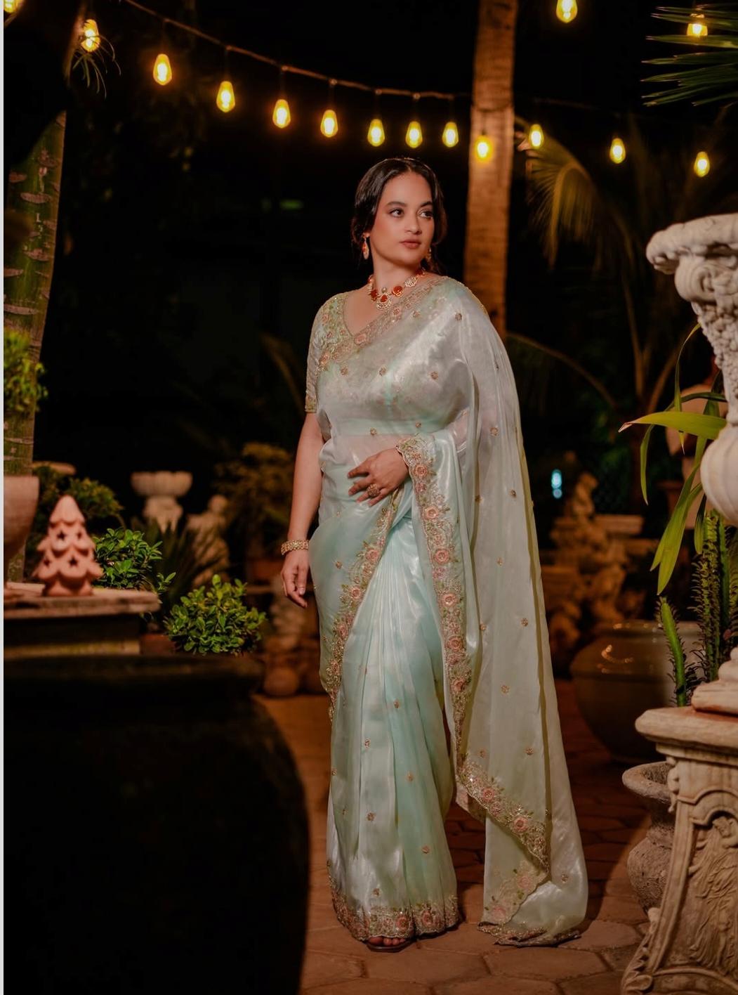 Sky Blue Designer Tissue Silk Saree - Anaya AA42