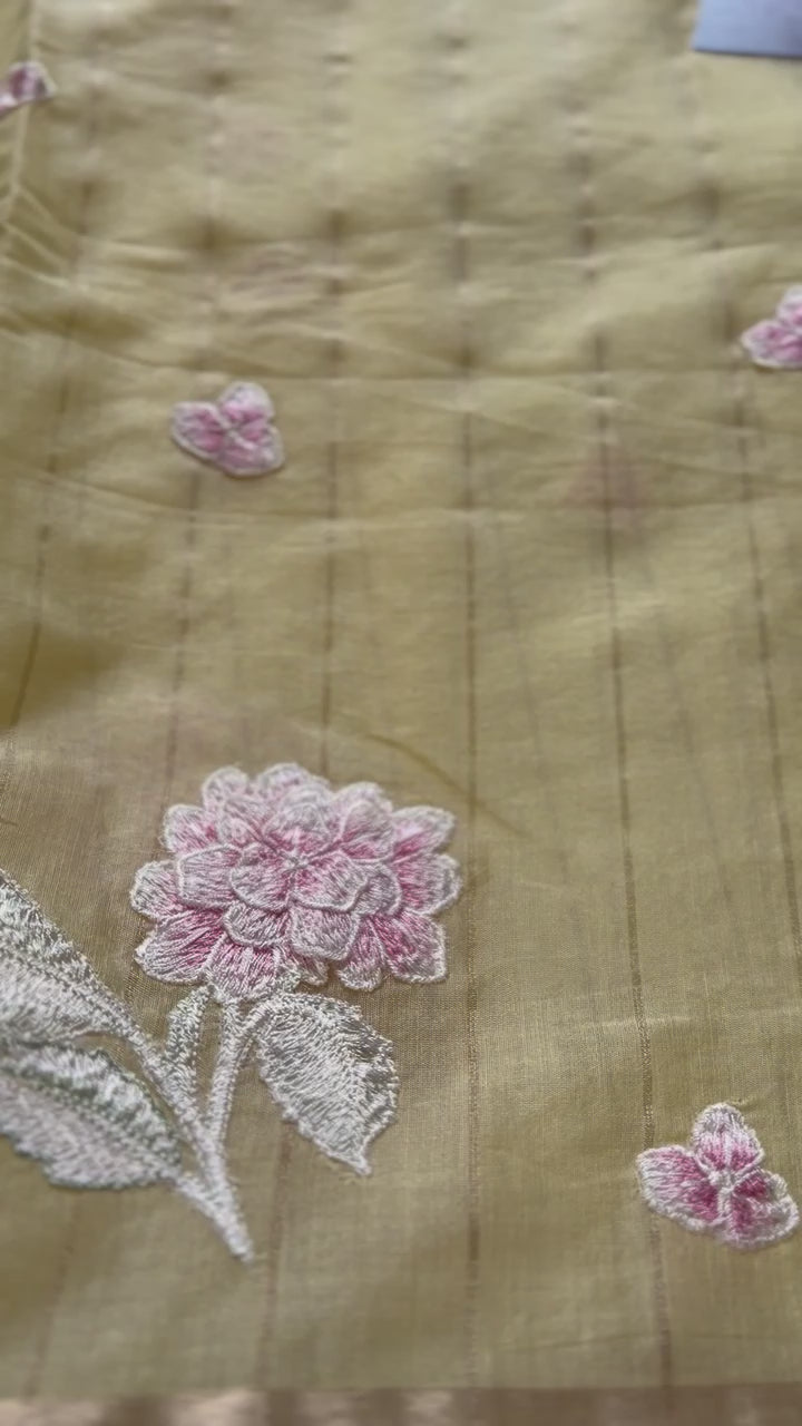Yellow Chanderi Linen Embroidered Saree – Bloom Edit AC03