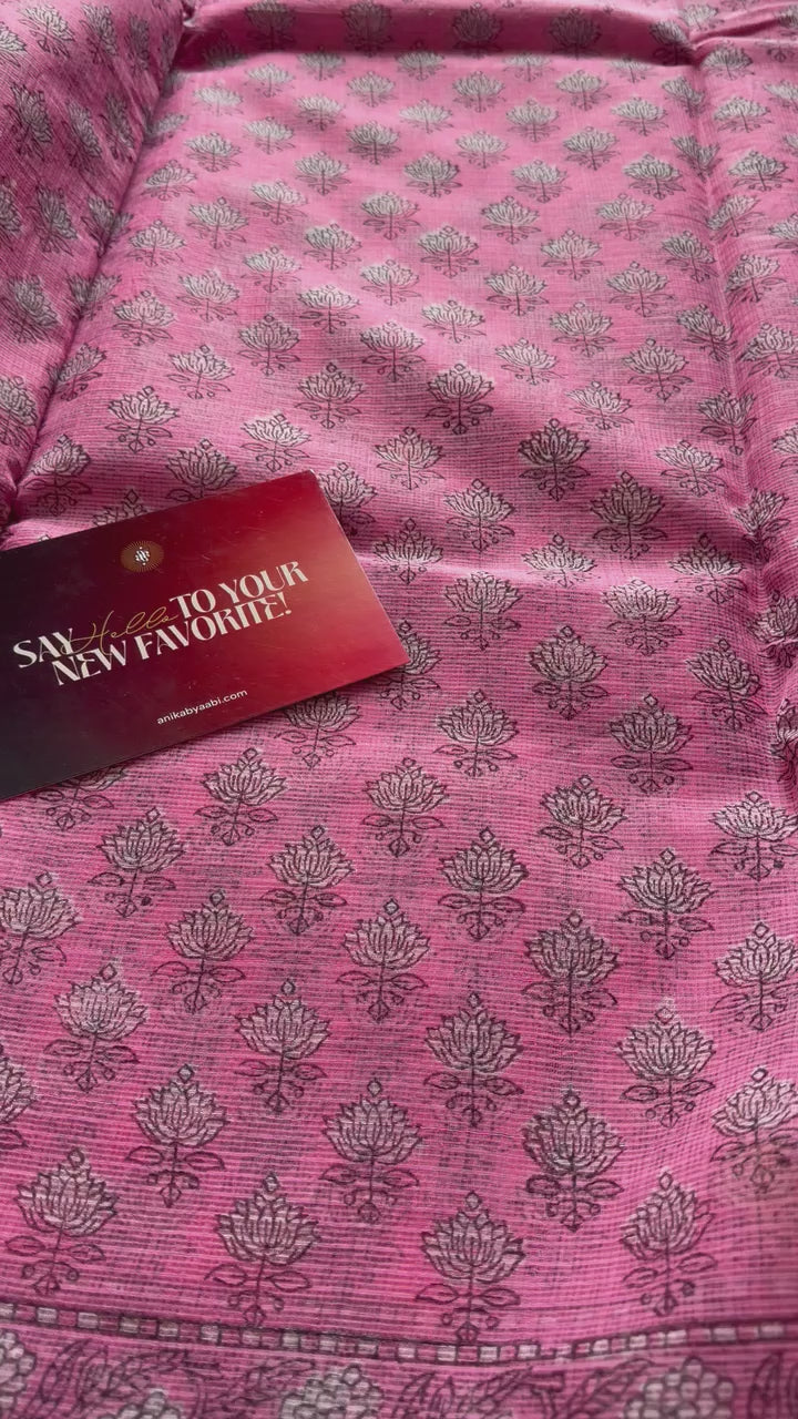 Pure Kota Cotton Handblock Print Saree – Pink Lotus Bloom