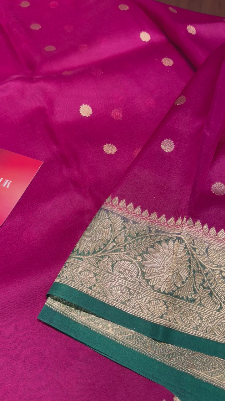 Pure Banarasi Kora Organza Saree – Rani pink-Peacock Green - BKO-703