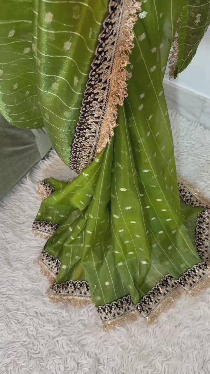 TISSUE LUXE  CHECKS SAREE -Green