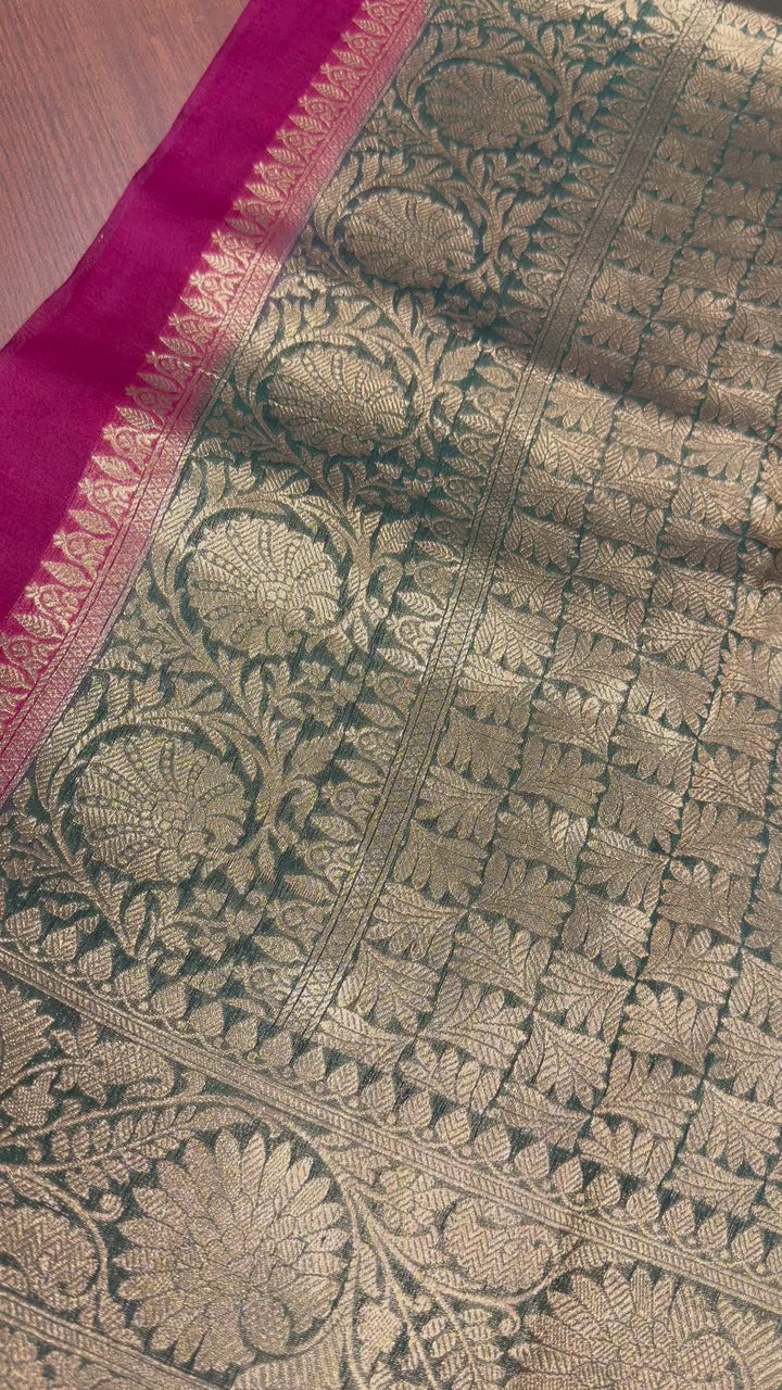 Pure Banarasi Kora Organza Saree – Rani pink-Peacock Green - BKO-703