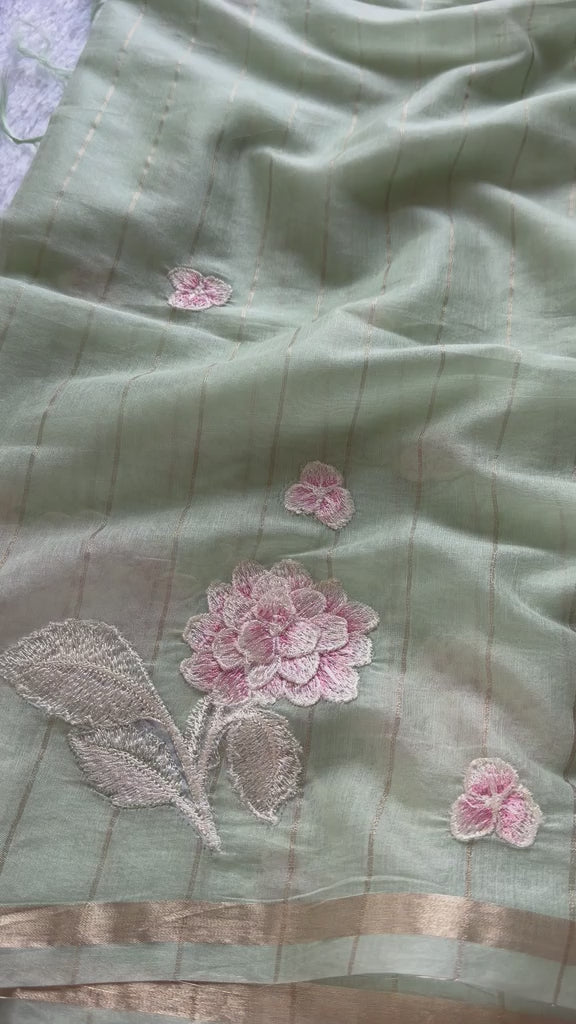 Pastel Green Chanderi Linen Embroidered Saree – Bloom Edit AC01