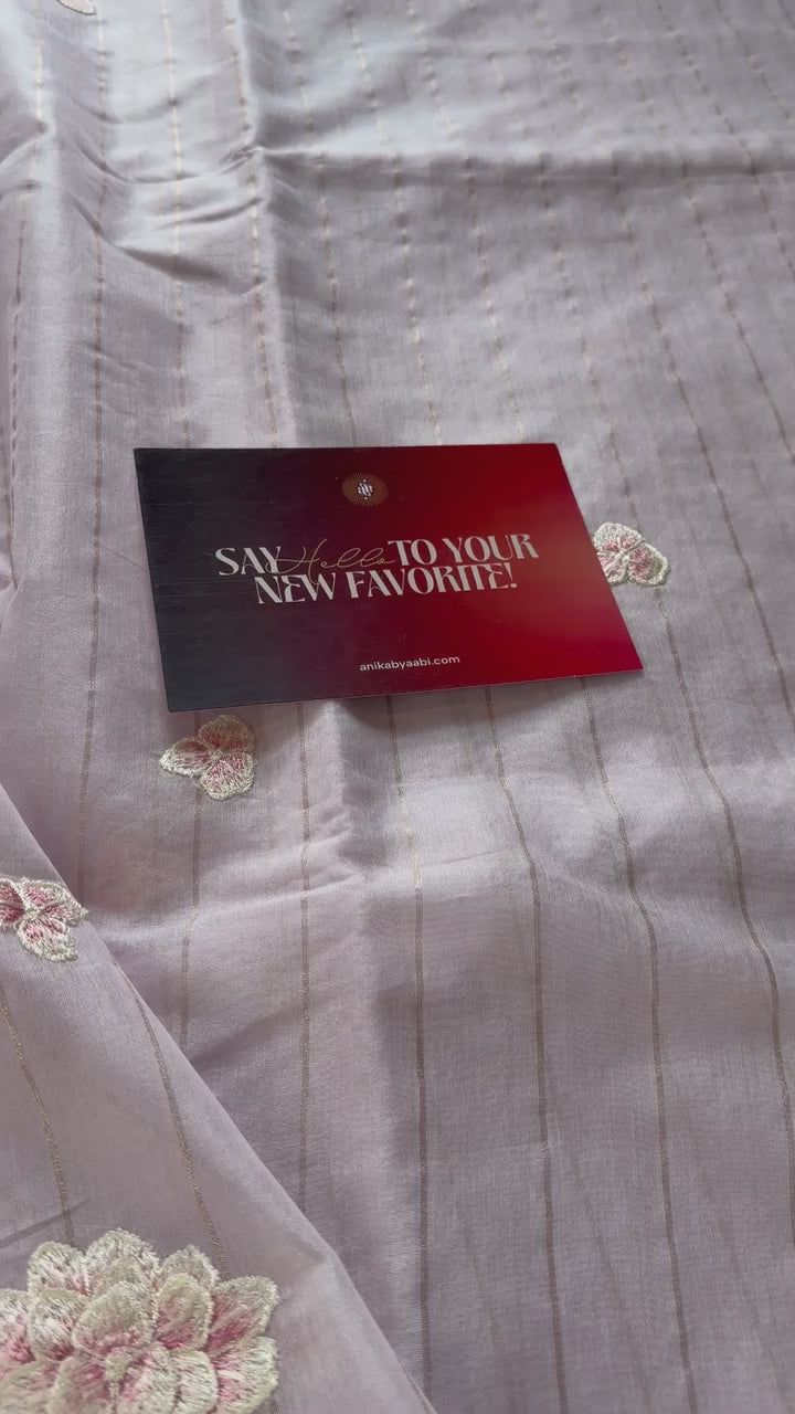 Pastel Pink Chanderi Linen Embroidered Saree – Bloom Edit AC02