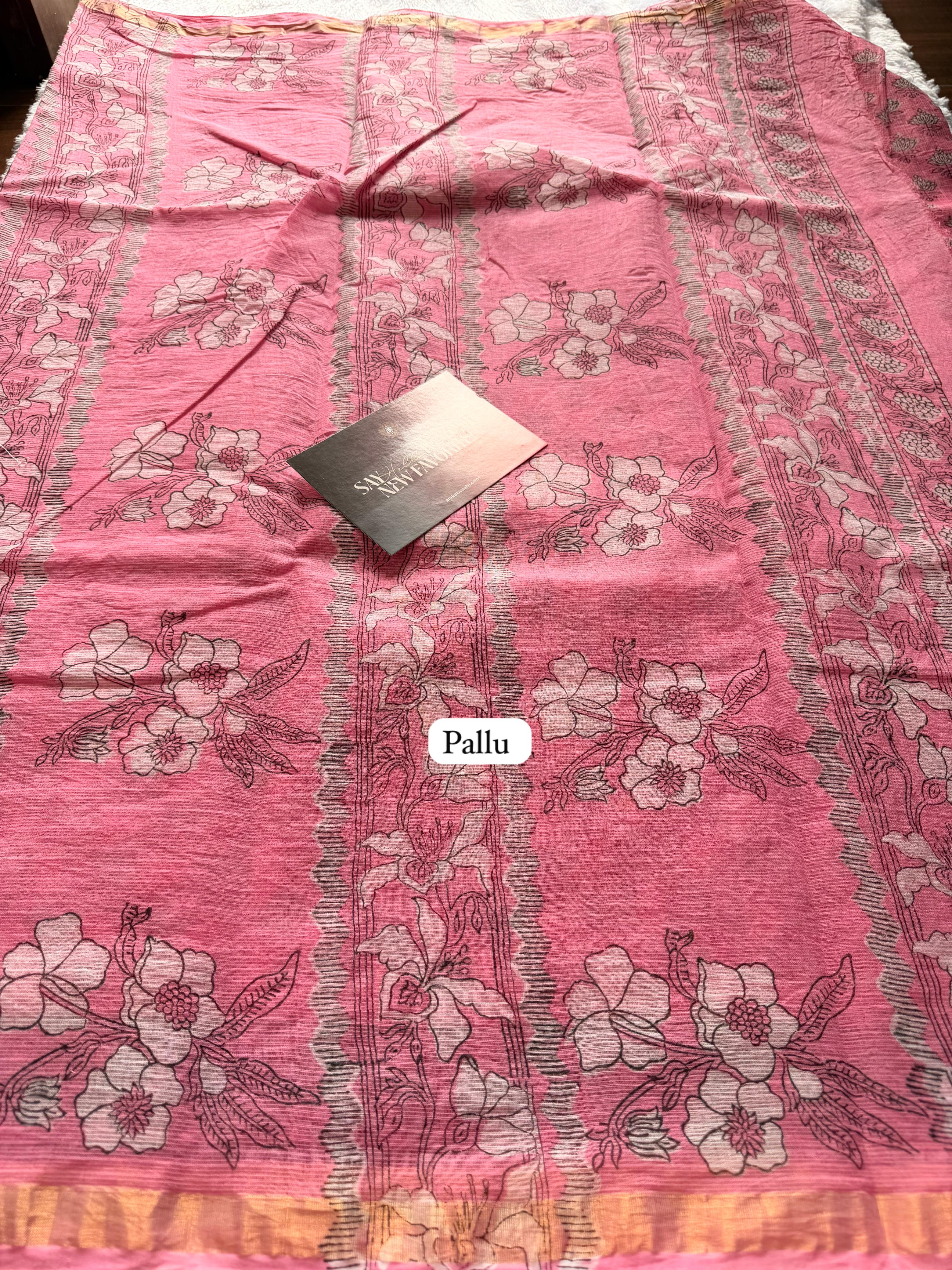 Pure Kota Cotton Handblock Print Saree – Pink Lotus Bloom