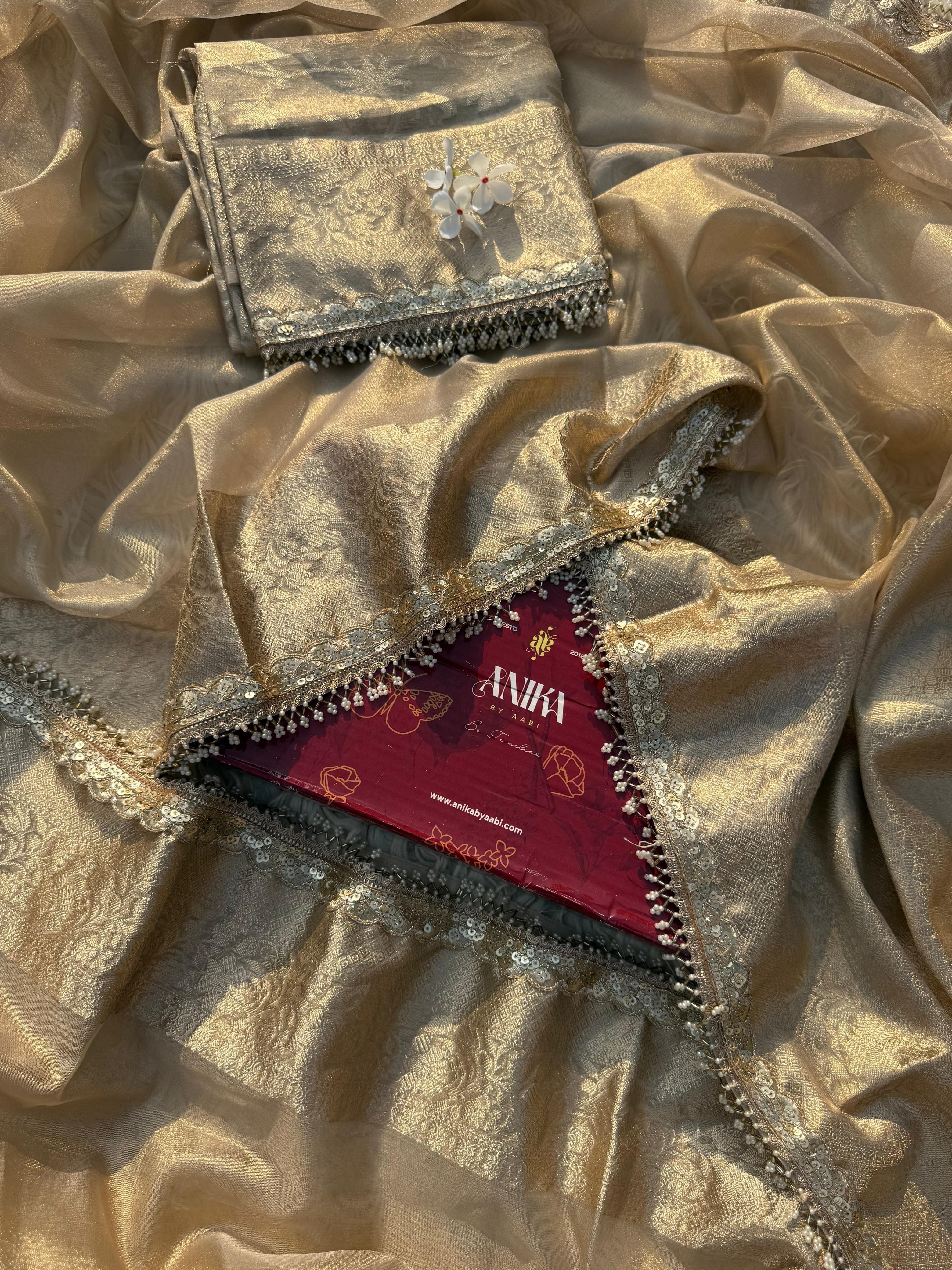 Anika's Banarasi Gold Tissue saree with Lace work - Golden Glow