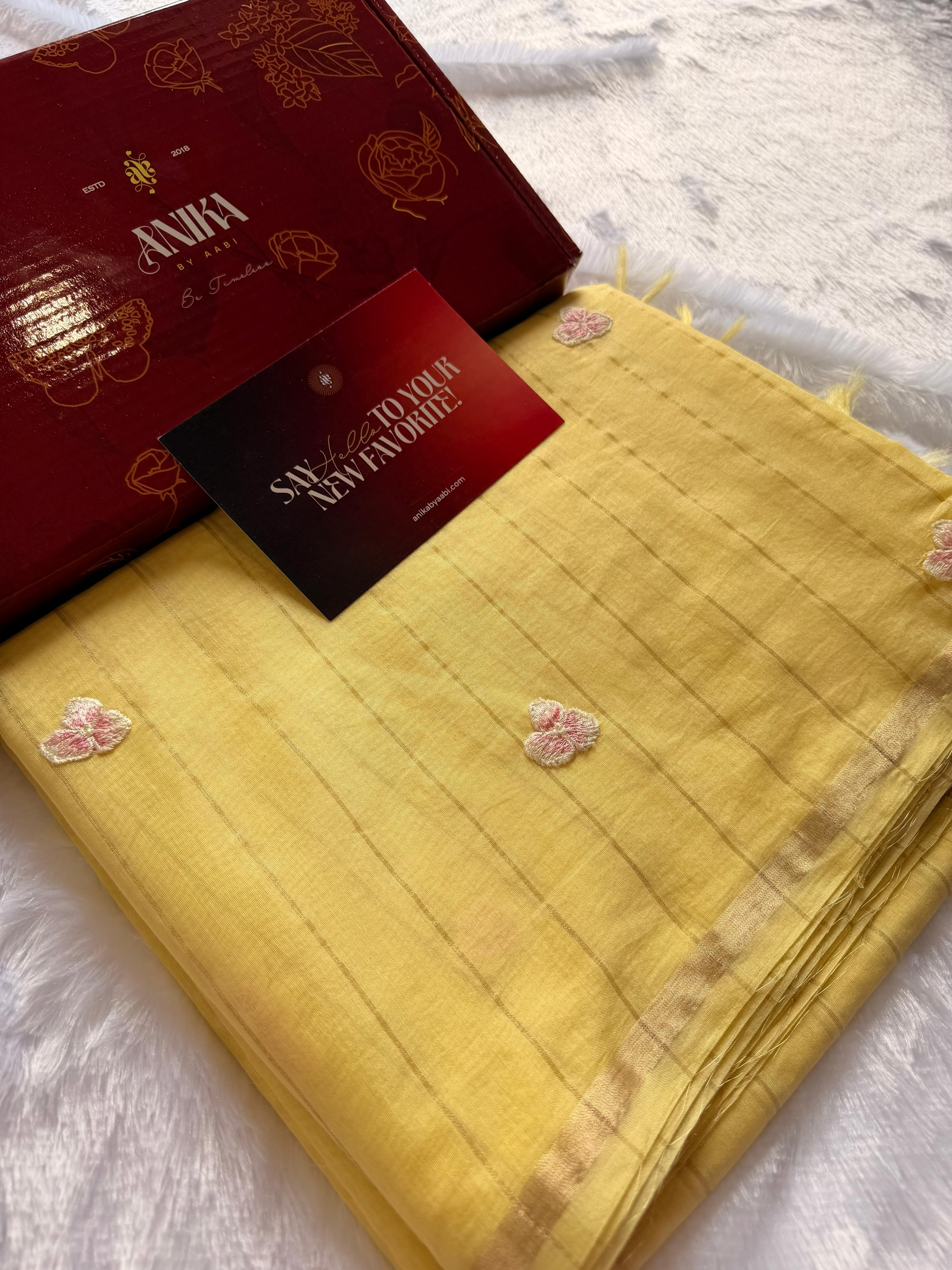 Yellow Chanderi Linen Embroidered Saree – Bloom Edit AC03
