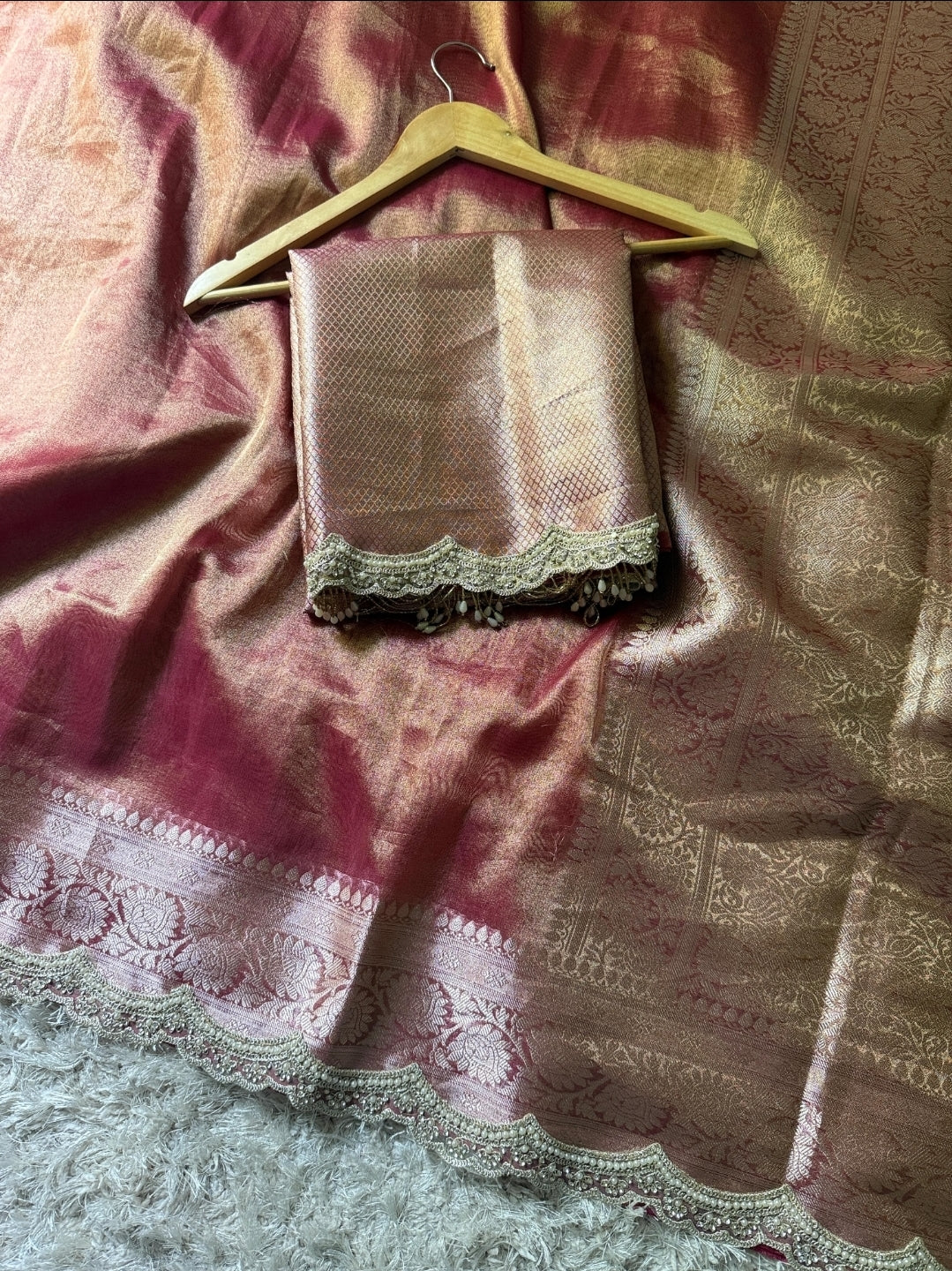 Anika's Exclusive Rosegold pink Tissue silk saree -RAGHA