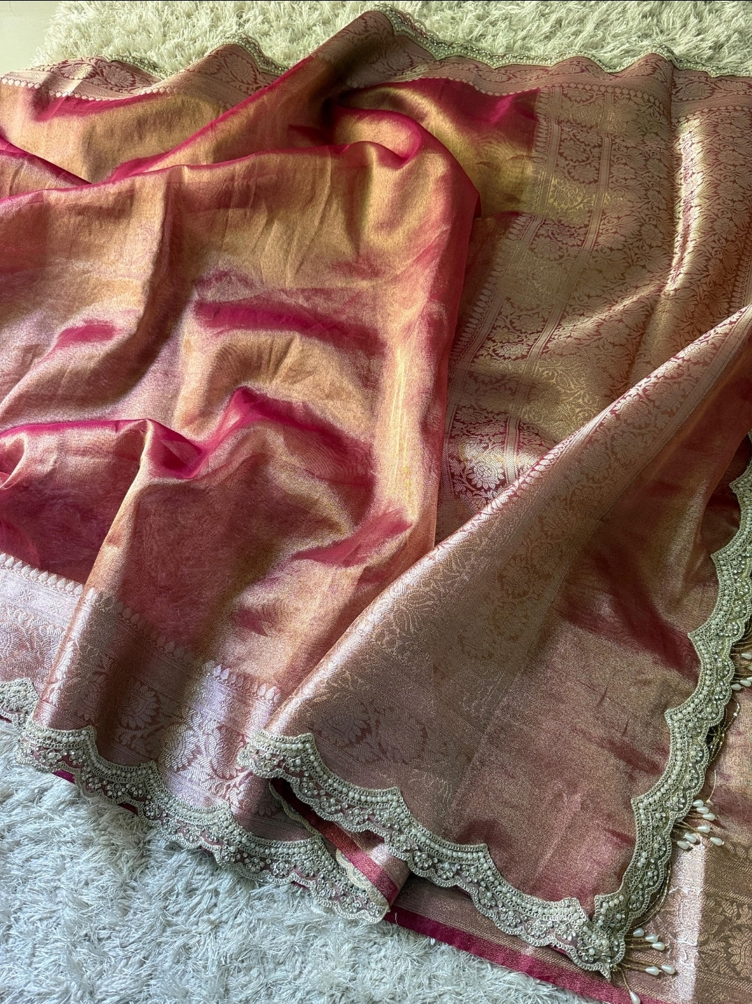 Anika's Exclusive Rosegold pink Tissue silk saree -RAGHA