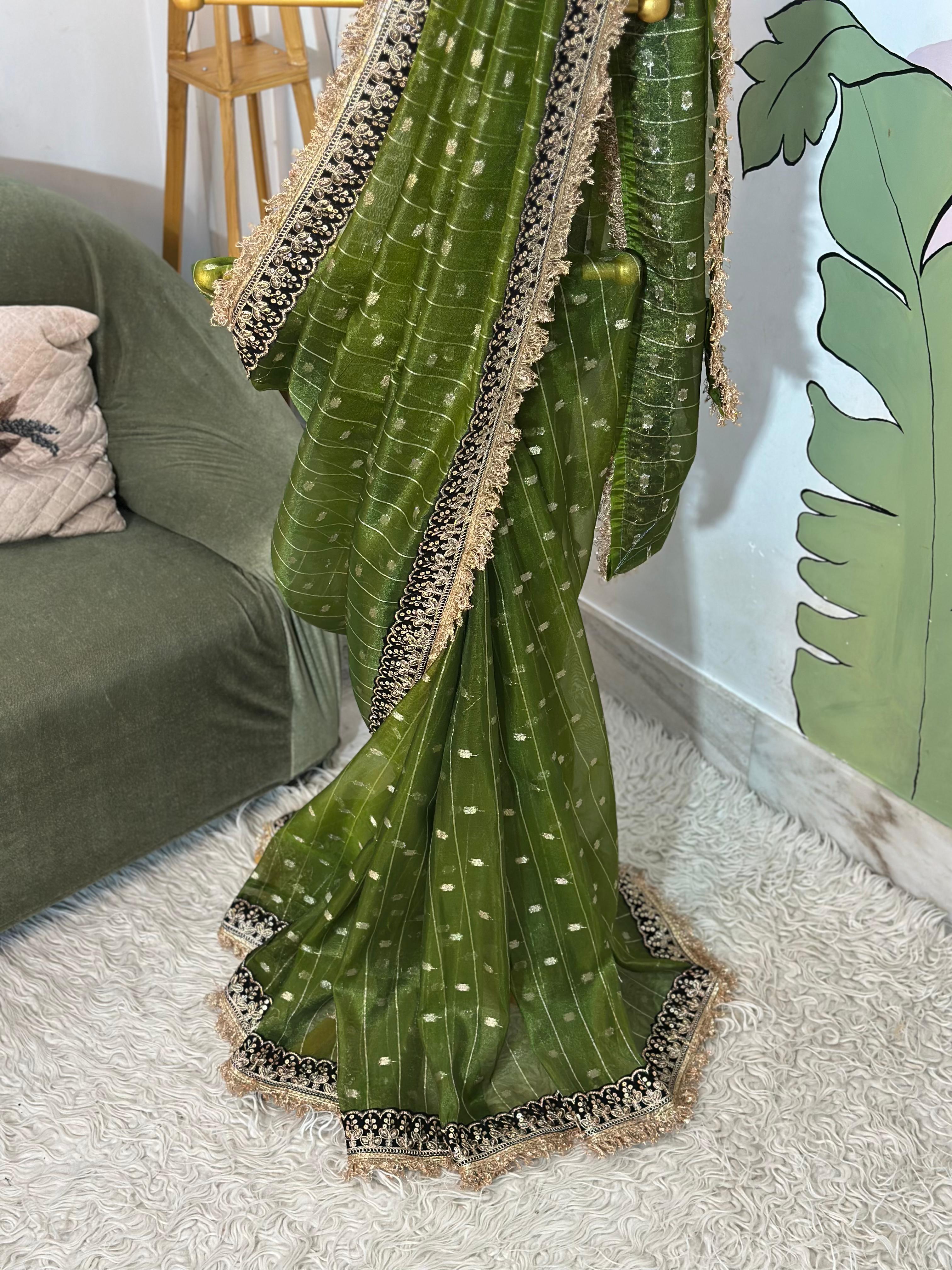 TISSUE LUXE  CHECKS SAREE -Green