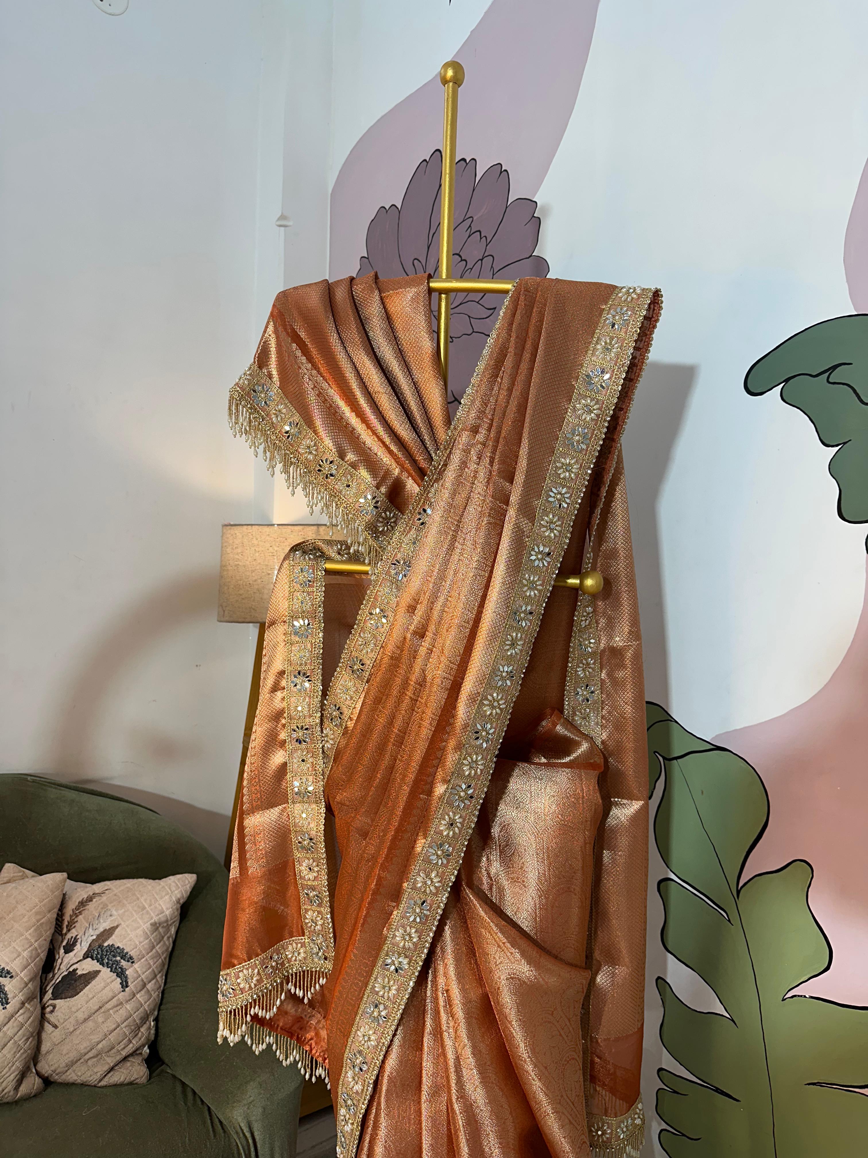 Anika's Banarasi Tissue Brocade silk saree | Sunset Orange | MARGAZHI