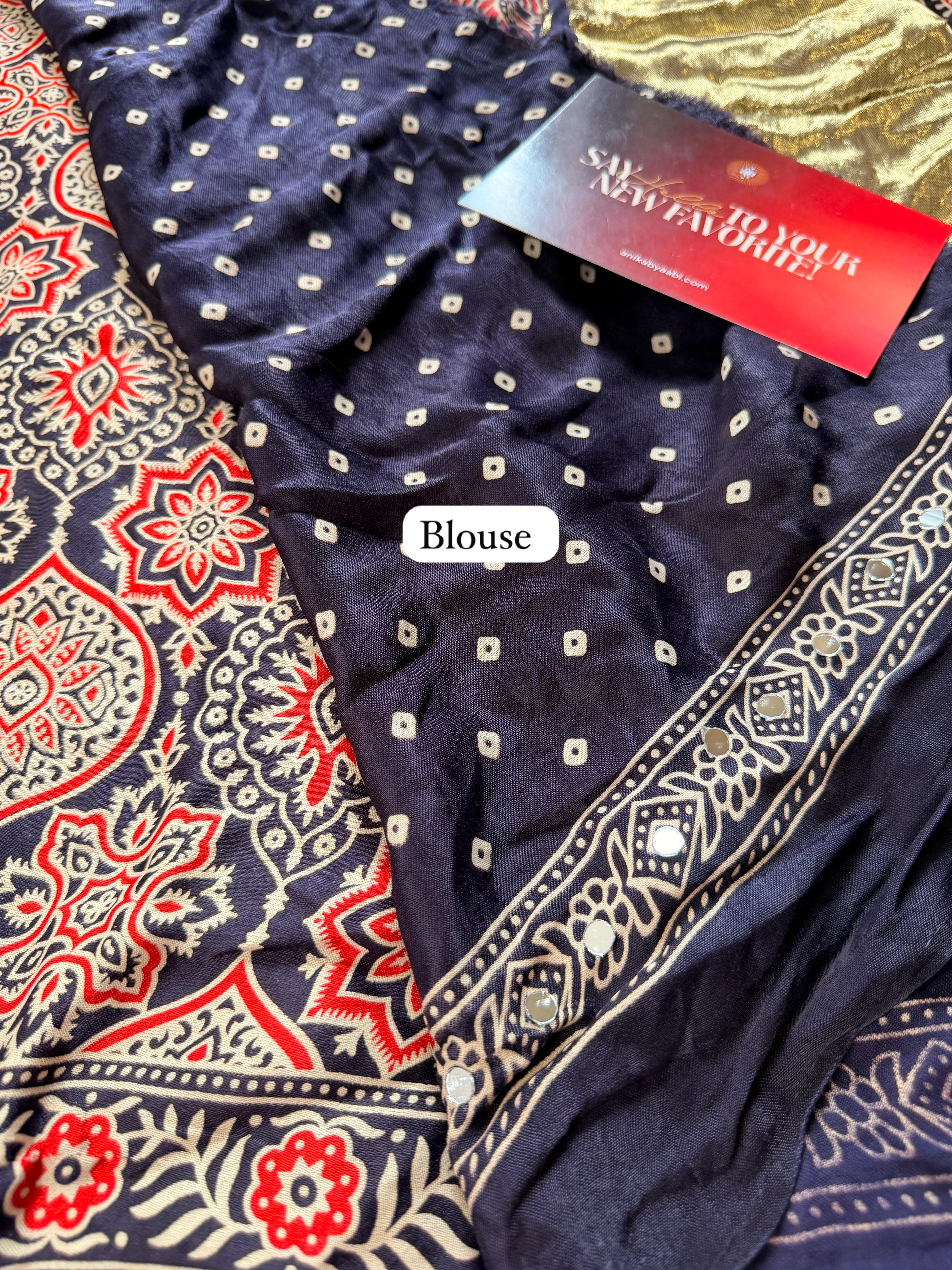 Ajrakh Model Mirror Work Saree-Nevyblue
