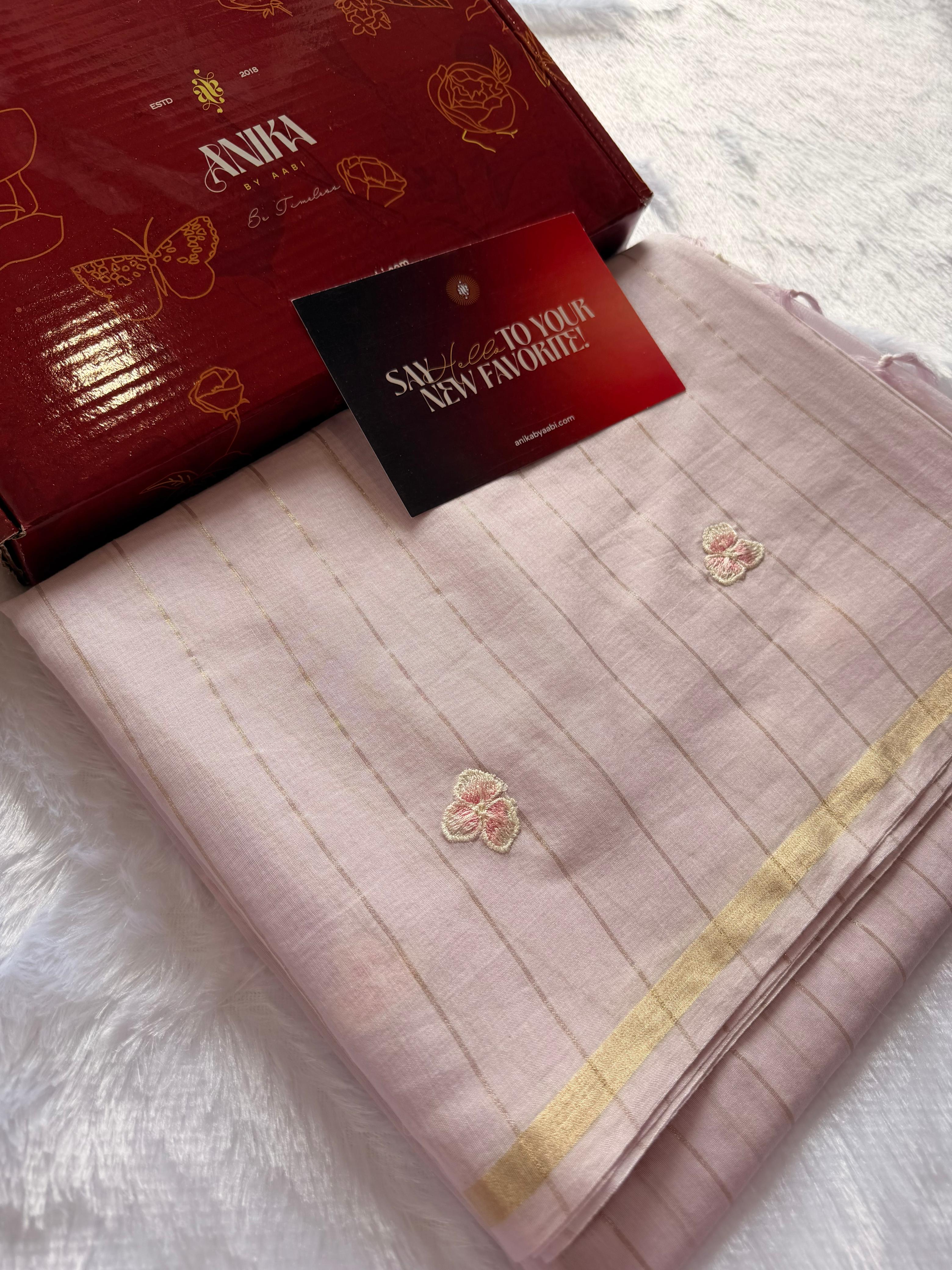 Pastel Pink Chanderi Linen Embroidered Saree – Bloom Edit AC02