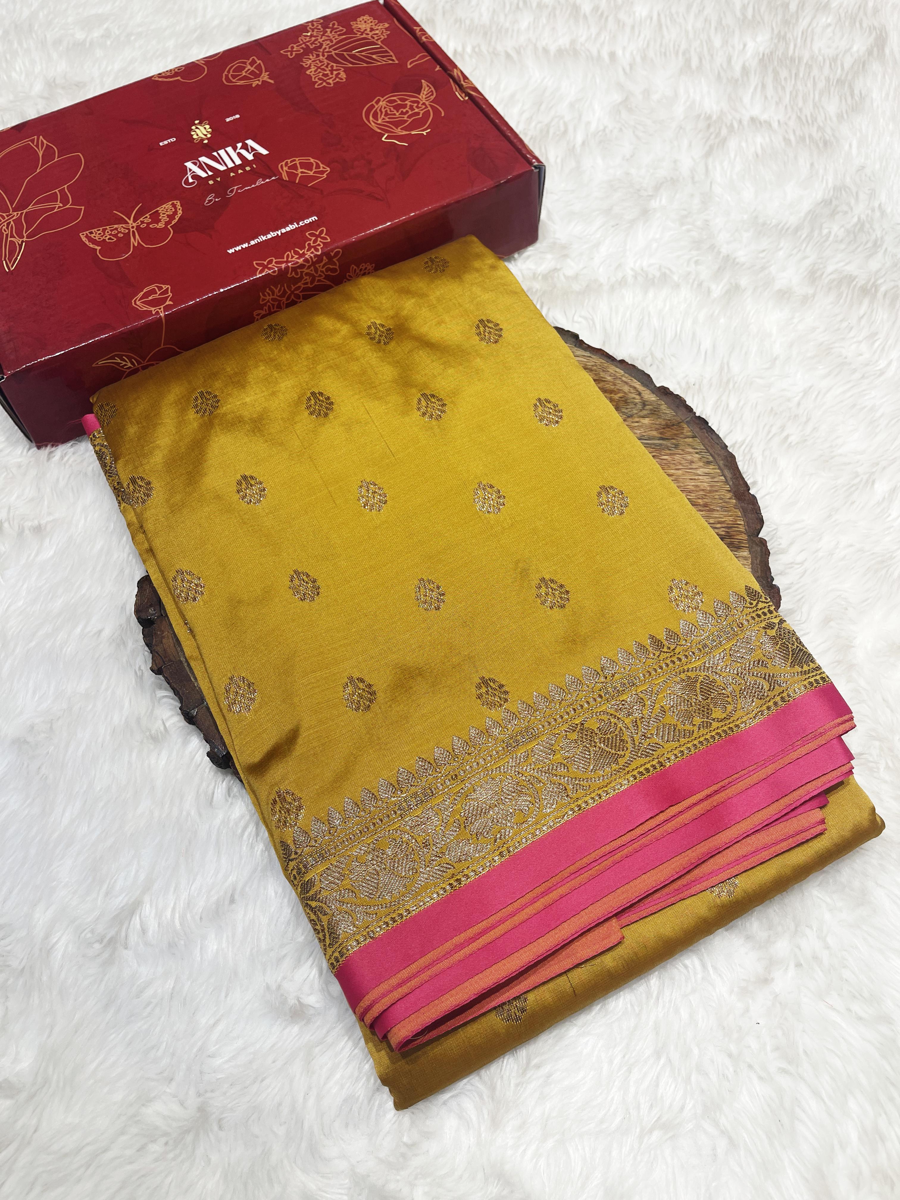 Anika's cotton silk Saree - Butta Mustard pink