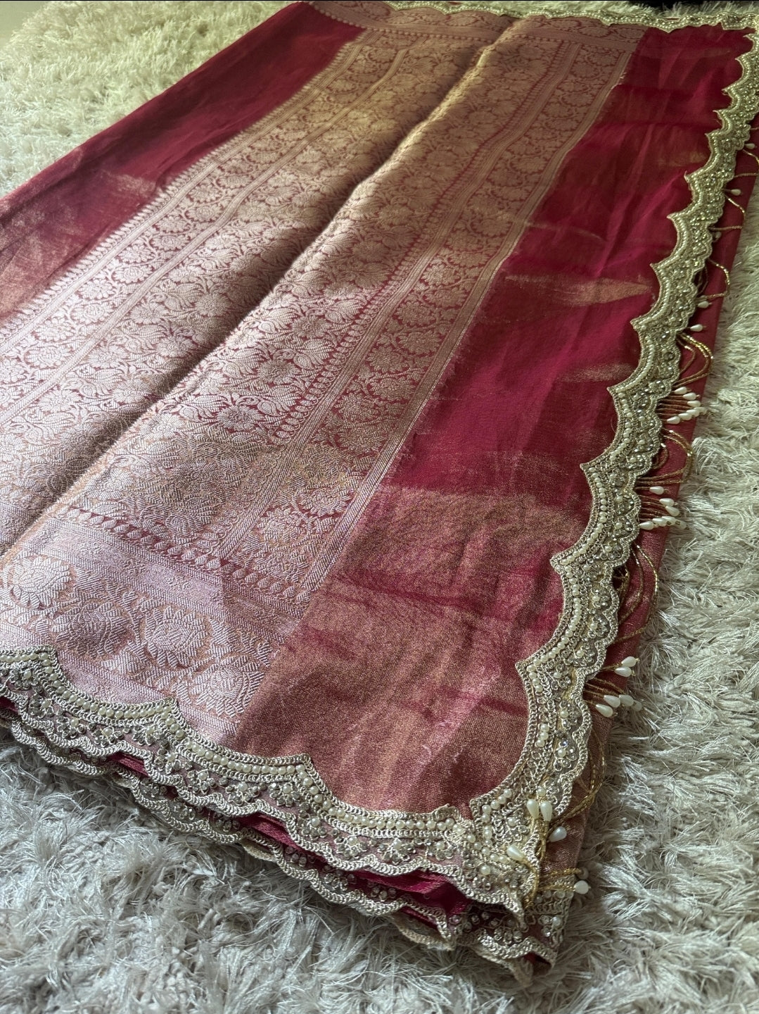Anika's Exclusive Rosegold pink Tissue silk saree -RAGHA