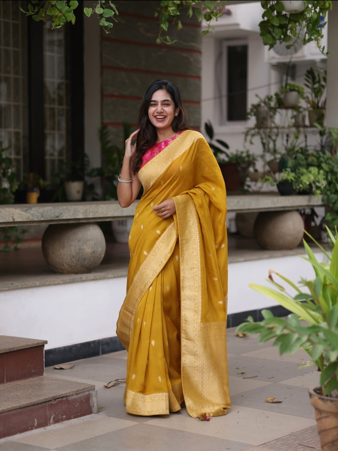 Anika's Banarasi munga soft silk saree  Yellow Delight - ANAYA A261