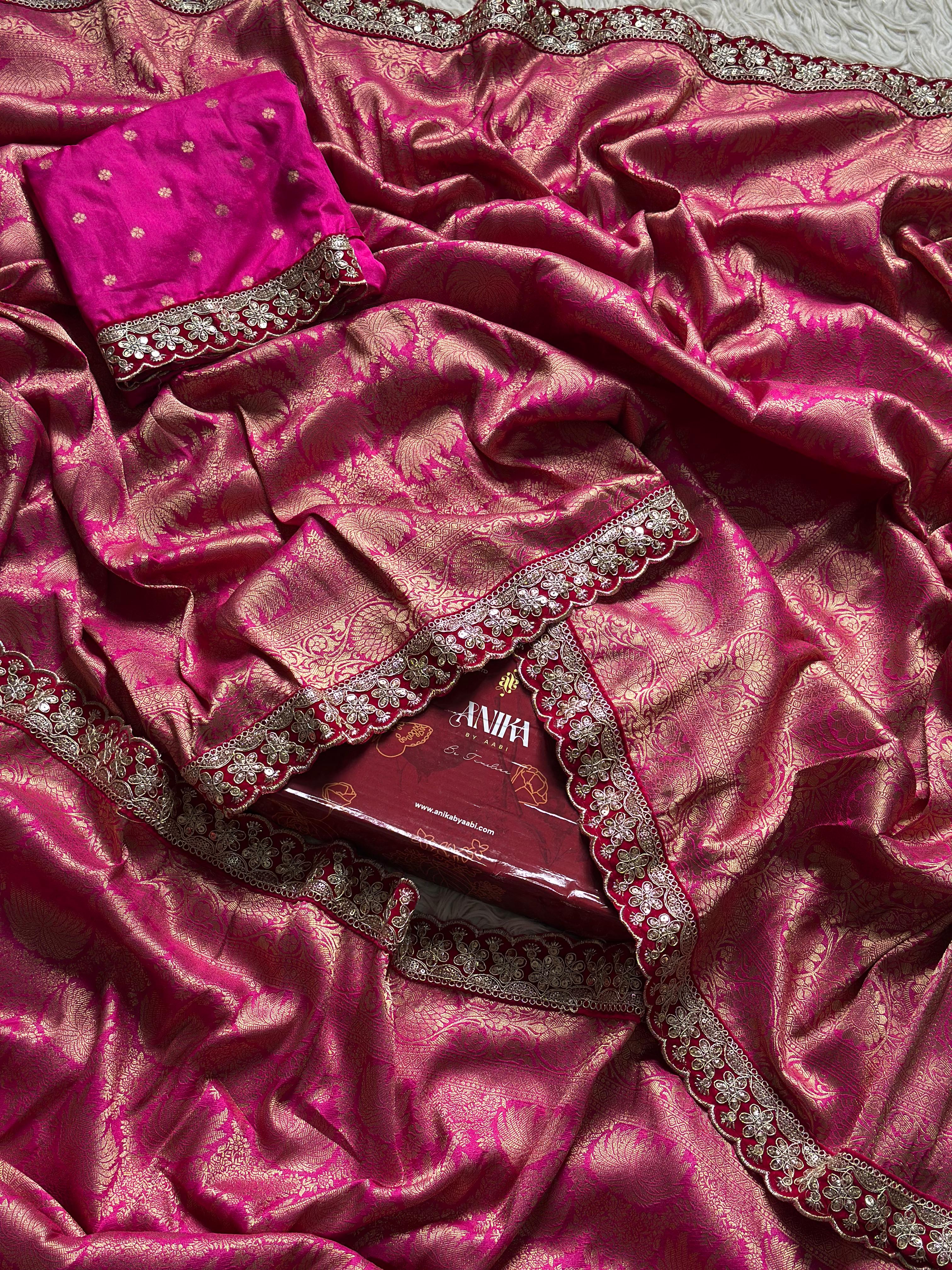 BANARASI BROCADE SILK SAREE WITH LACE - RANIPINK