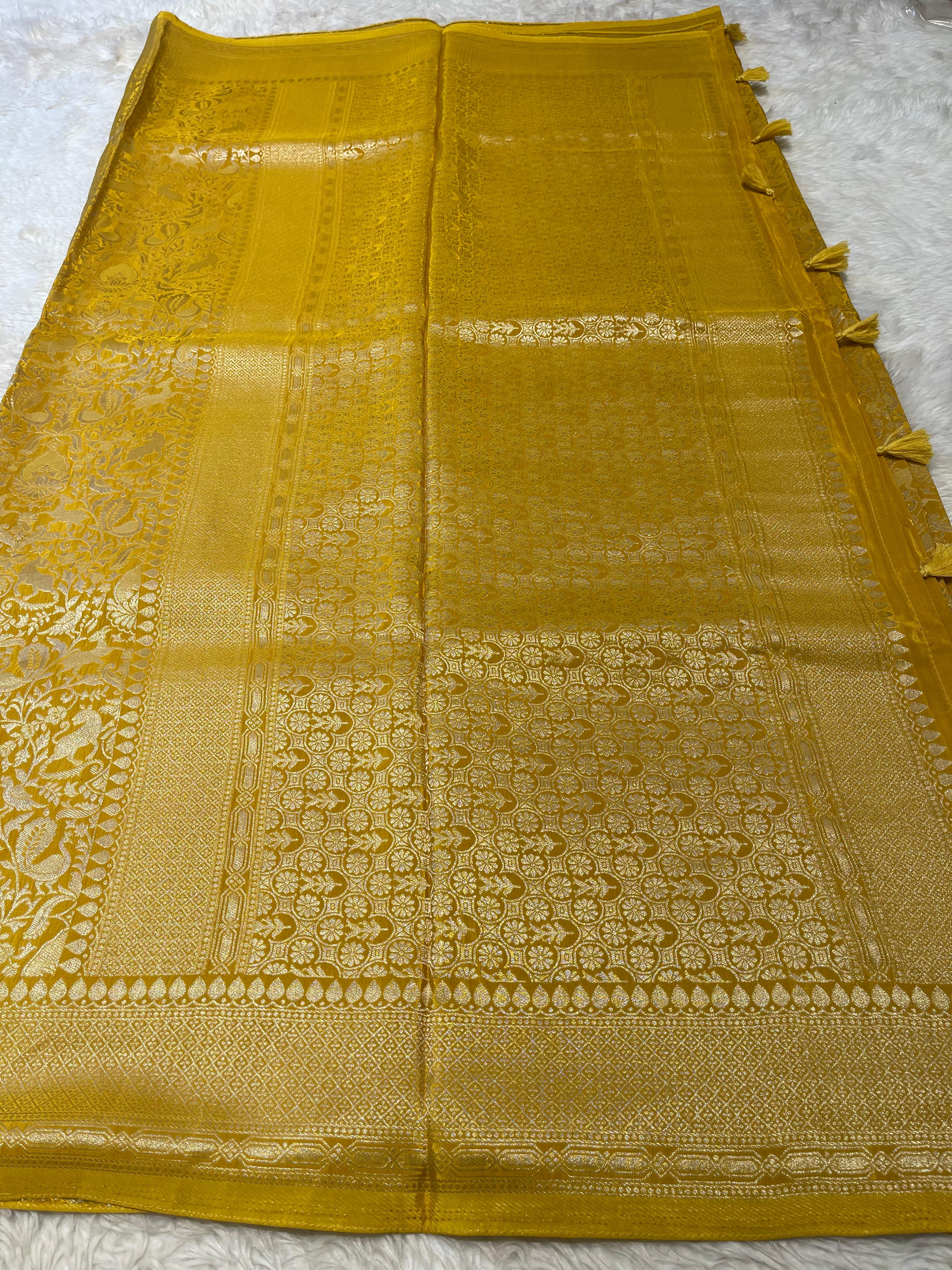 Yellow Banarasi Chinon Soft Silk Saree- Full Zari Butta SA01