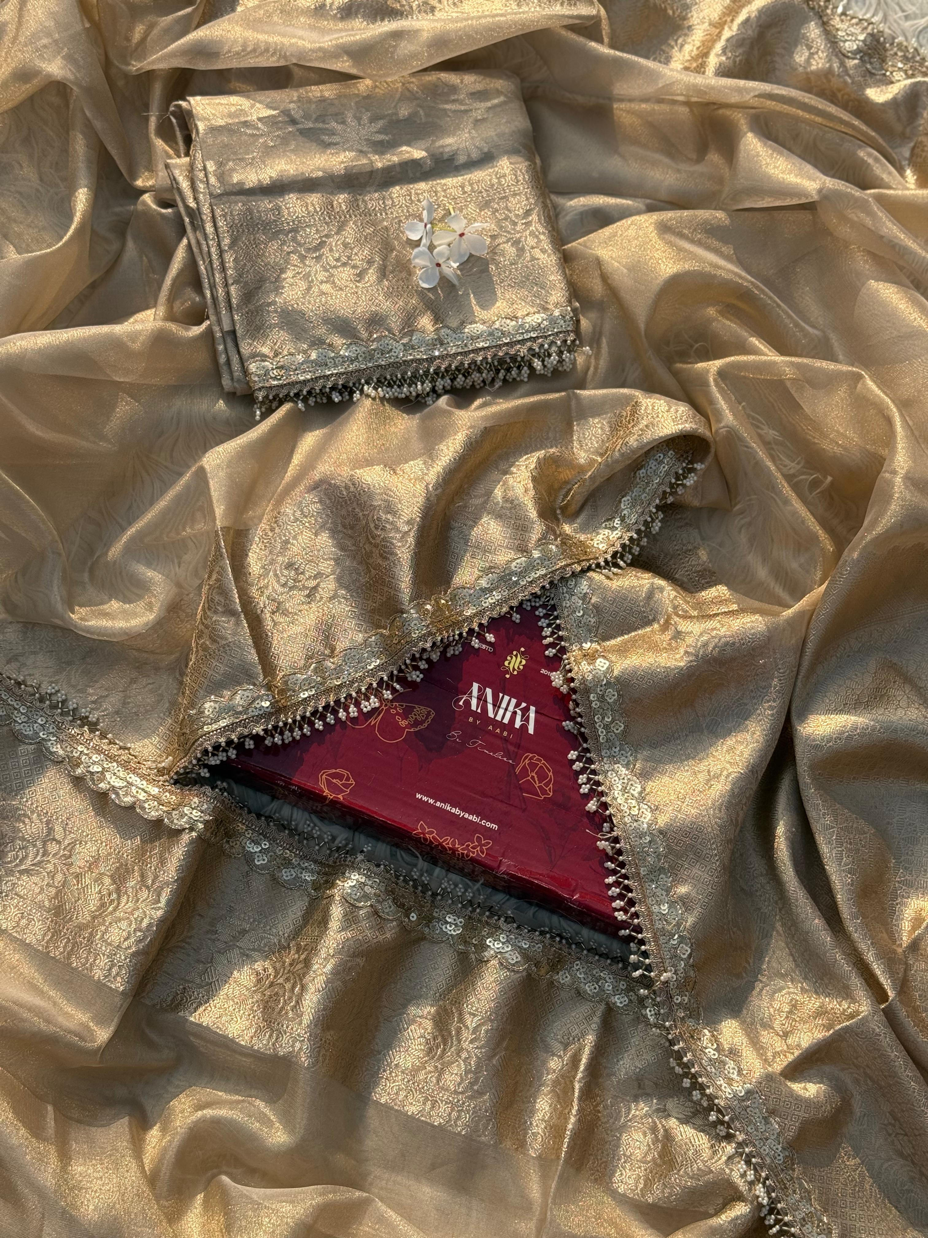 Anika's Banarasi Gold Tissue saree with Lace work - Golden Glow