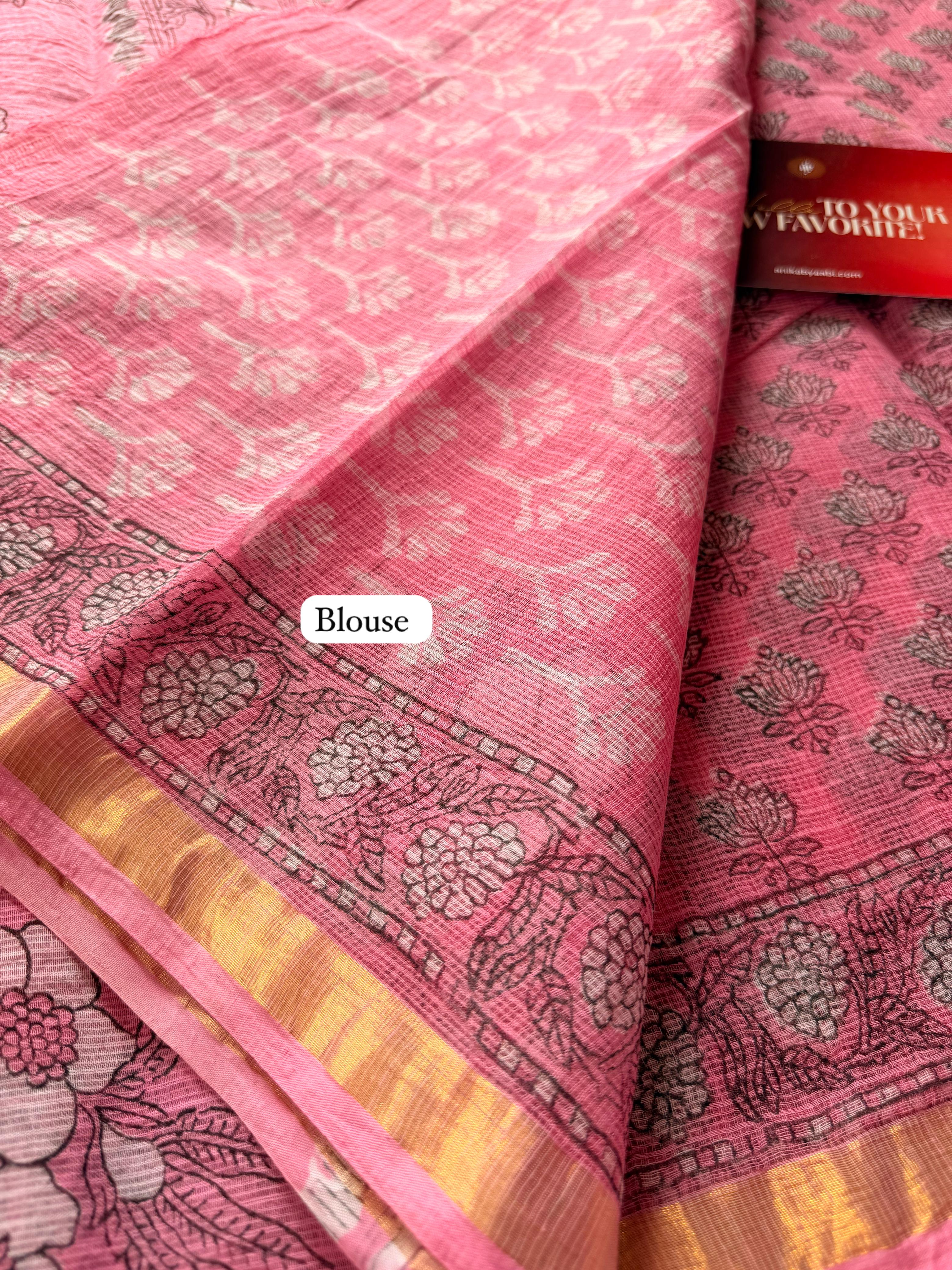 Pure Kota Cotton Handblock Print Saree – Pink Lotus Bloom
