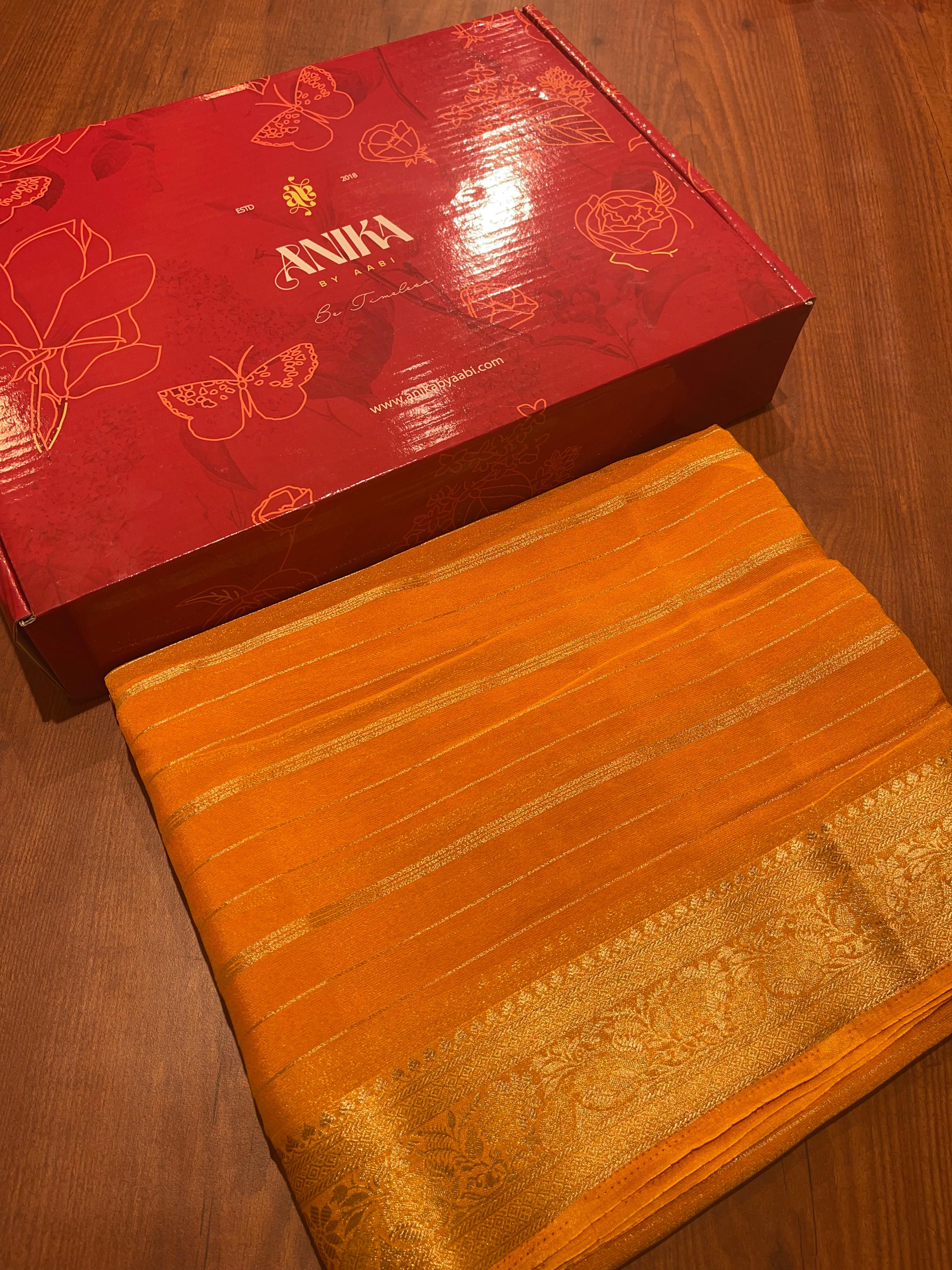 Anika's banarasi Chiffon silk saree -dark yellow