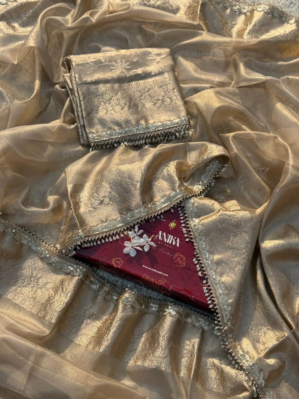 Anika's Banarasi Gold Tissue saree with Lace work - Golden Glow