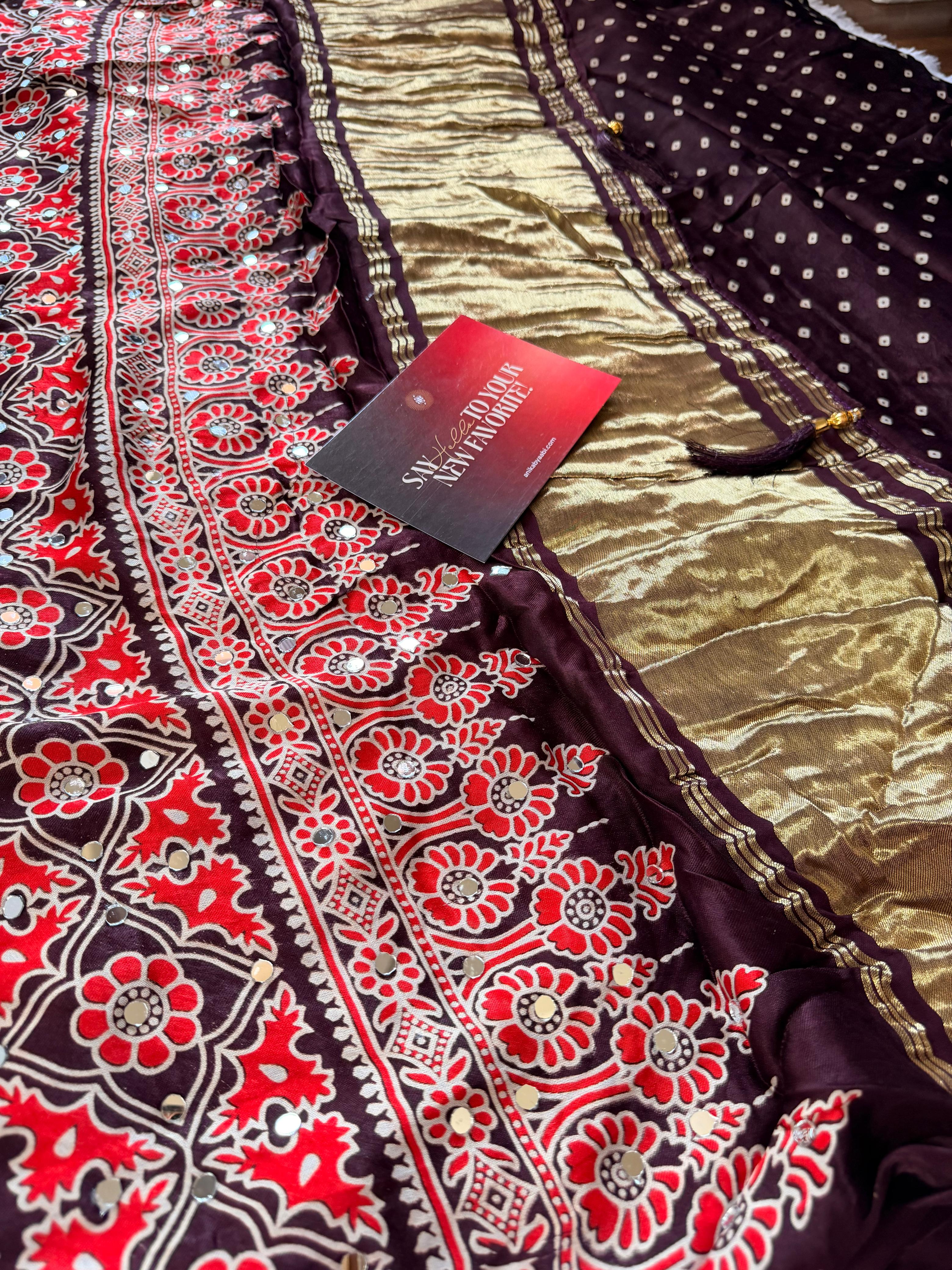 Ajrakh Modal Mirror Work Saree-Brown