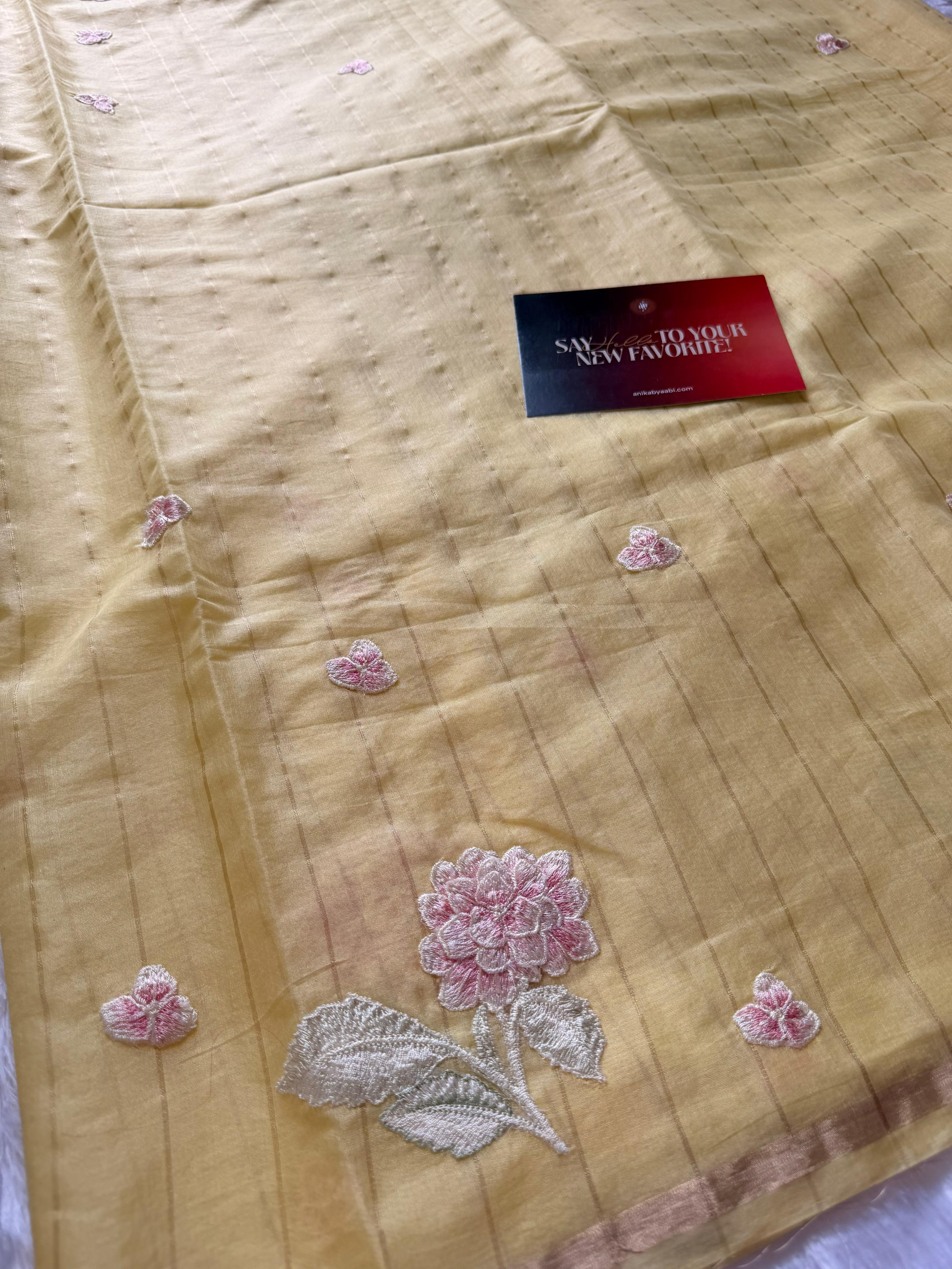 Yellow Chanderi Linen Embroidered Saree – Bloom Edit AC03