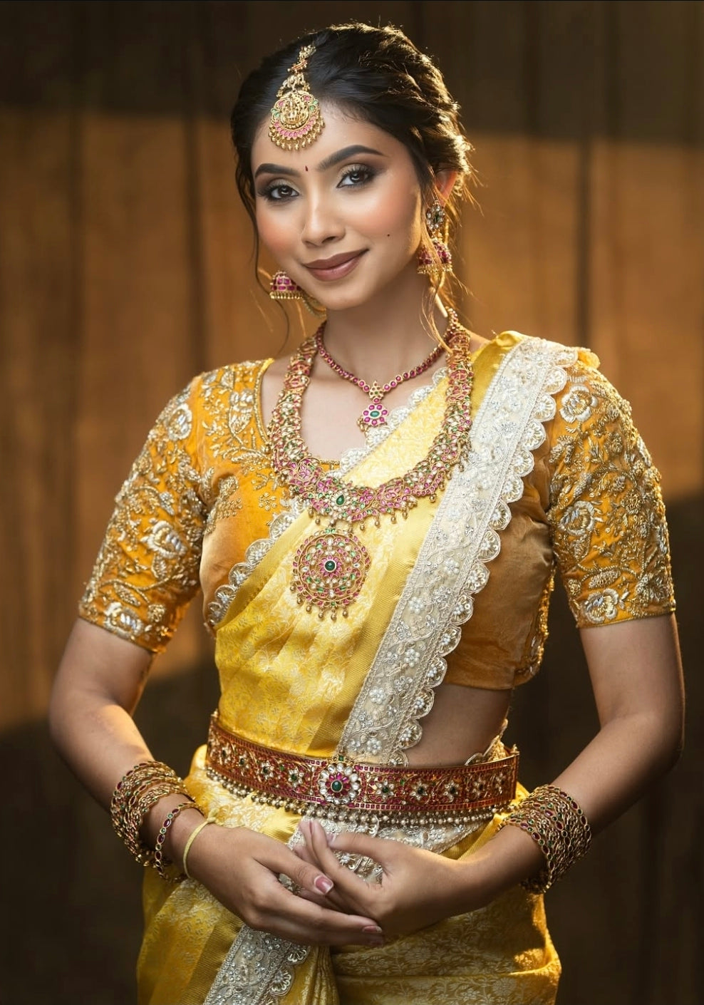 Tissue luxe - Banarasi Brocade silk saree in golden yellow with lace