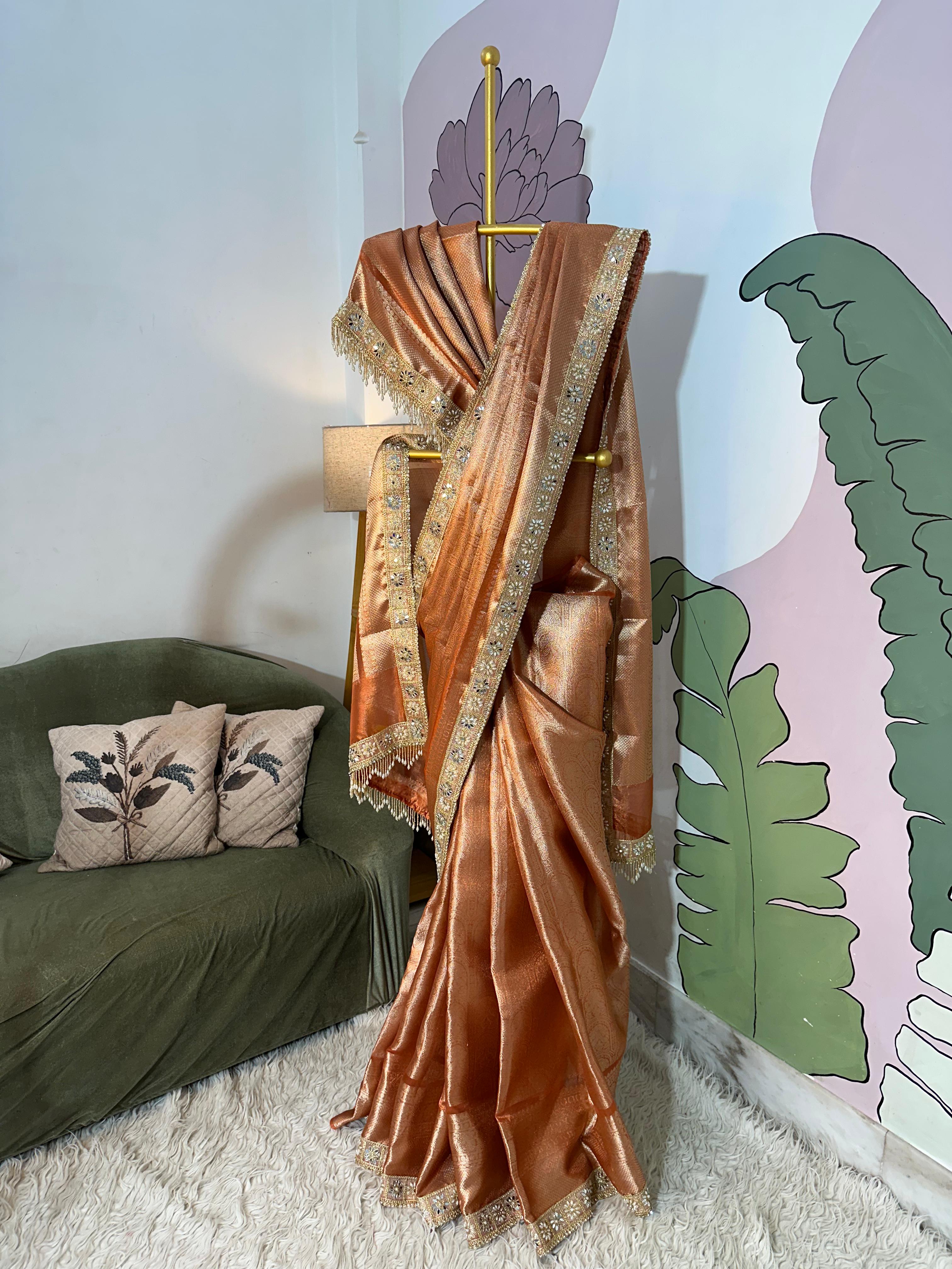 Anika's Banarasi Tissue Brocade silk saree | Sunset Orange | MARGAZHI