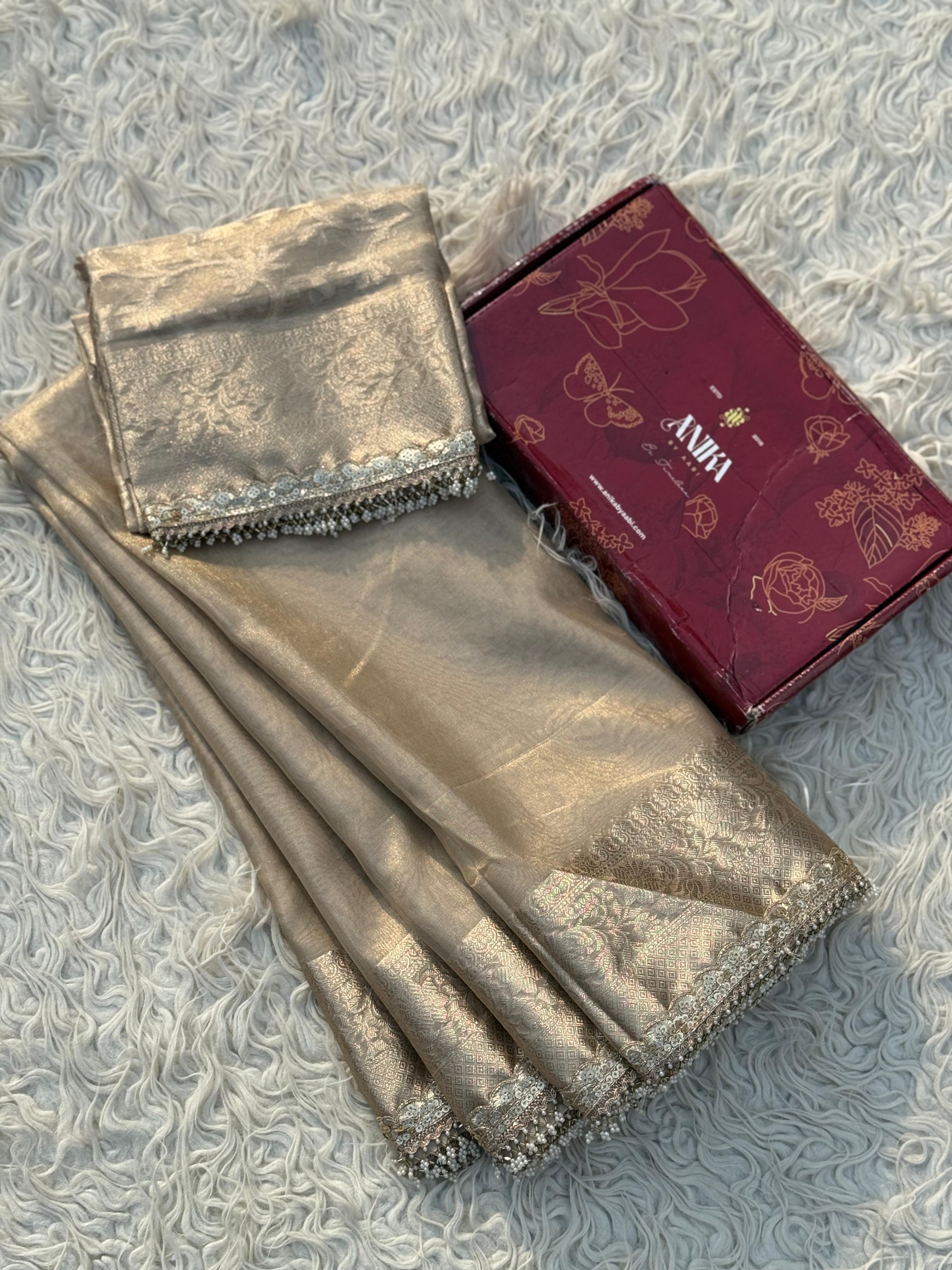 Anika's Banarasi Gold Tissue saree with Lace work - Golden Glow