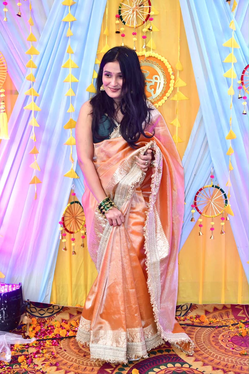 Orange Tissue Silk Saree With Lace - Tissue Luxe