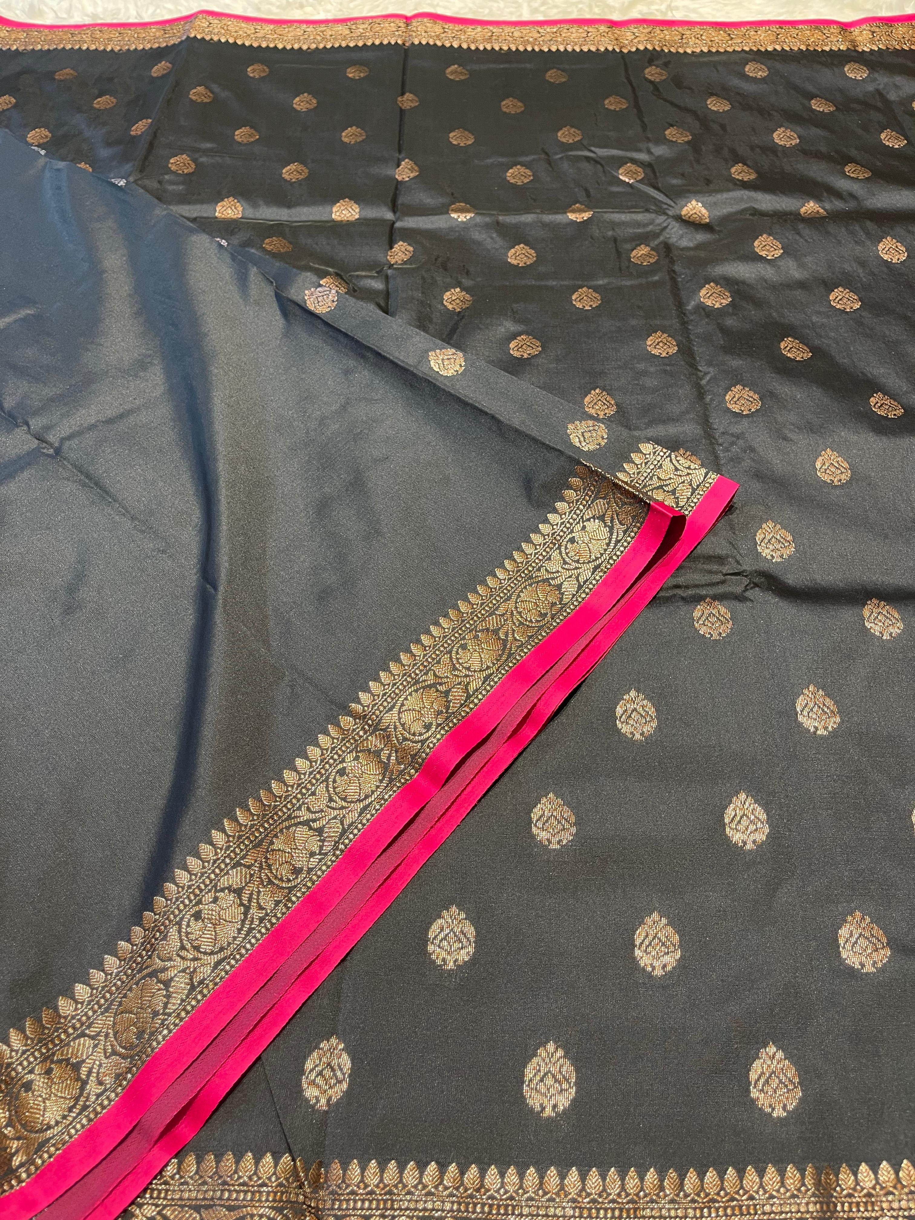 Anika's cotton silk Saree -Black pink butta