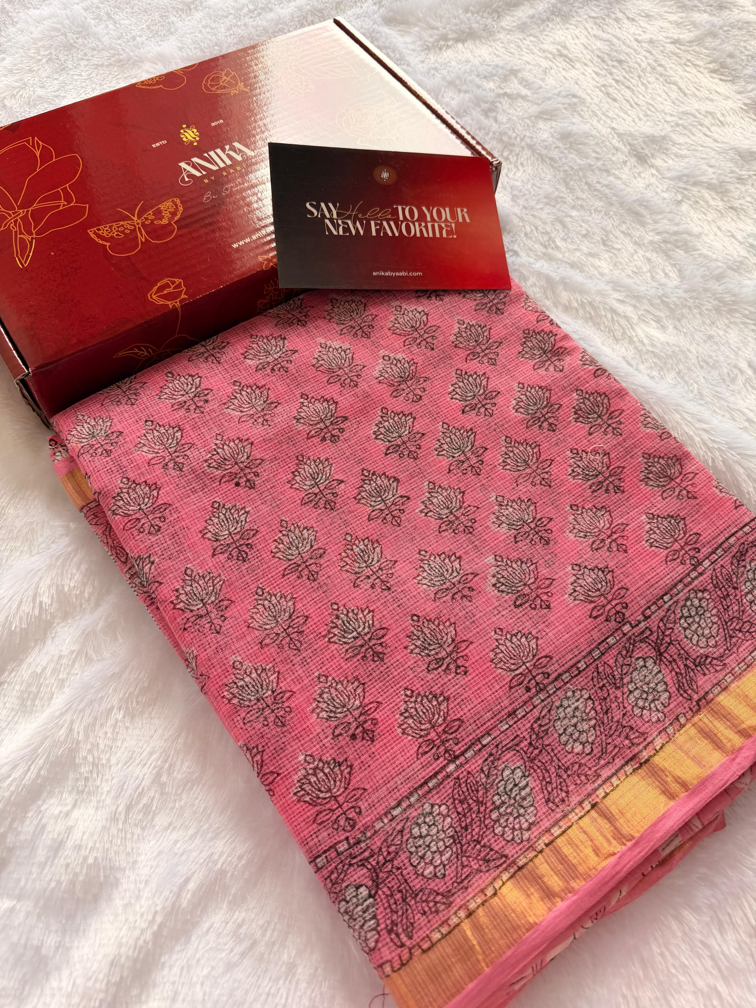 Pure Kota Cotton Handblock Print Saree – Pink Lotus Bloom