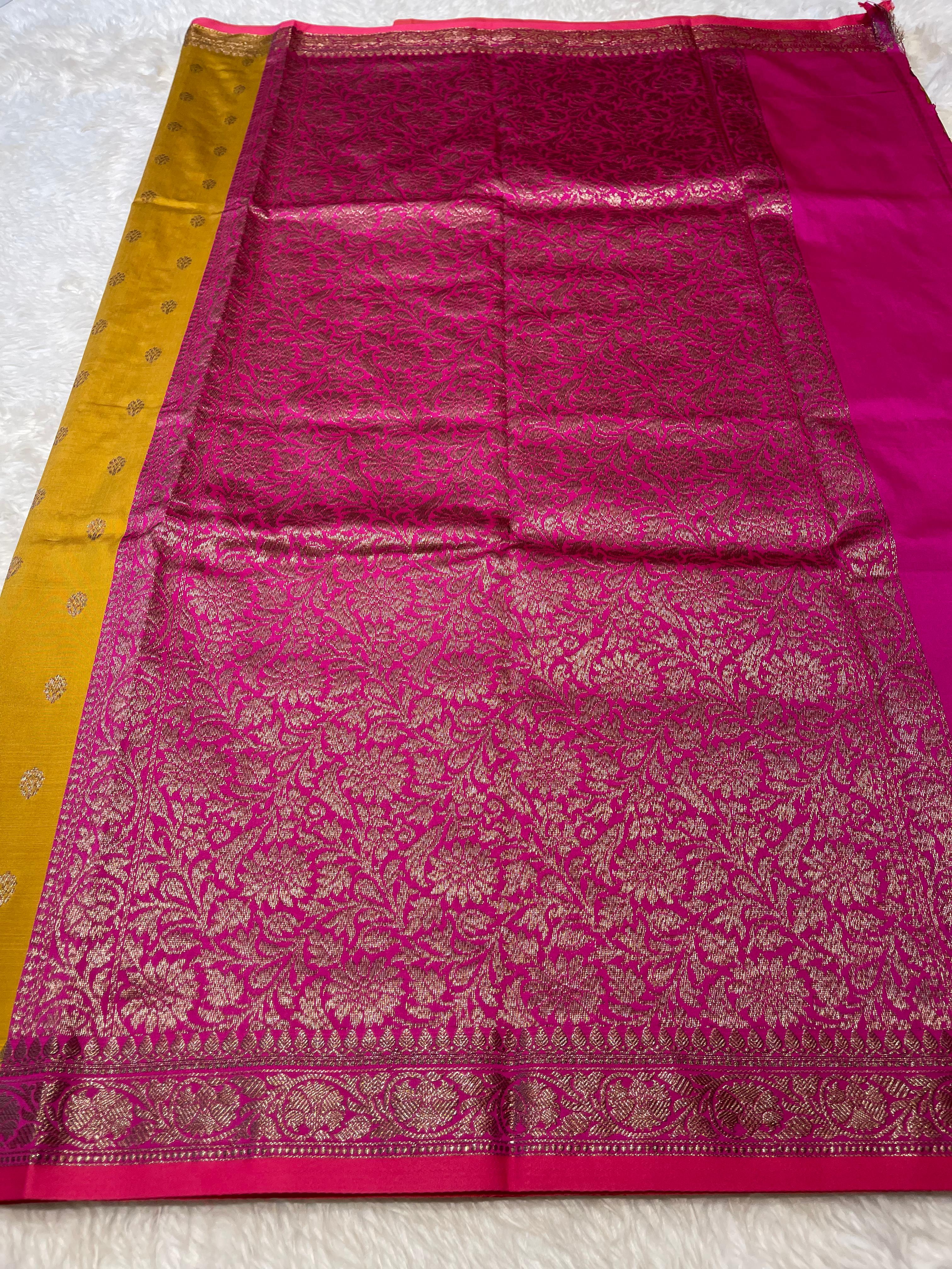 Anika's cotton silk Saree - Butta Mustard pink