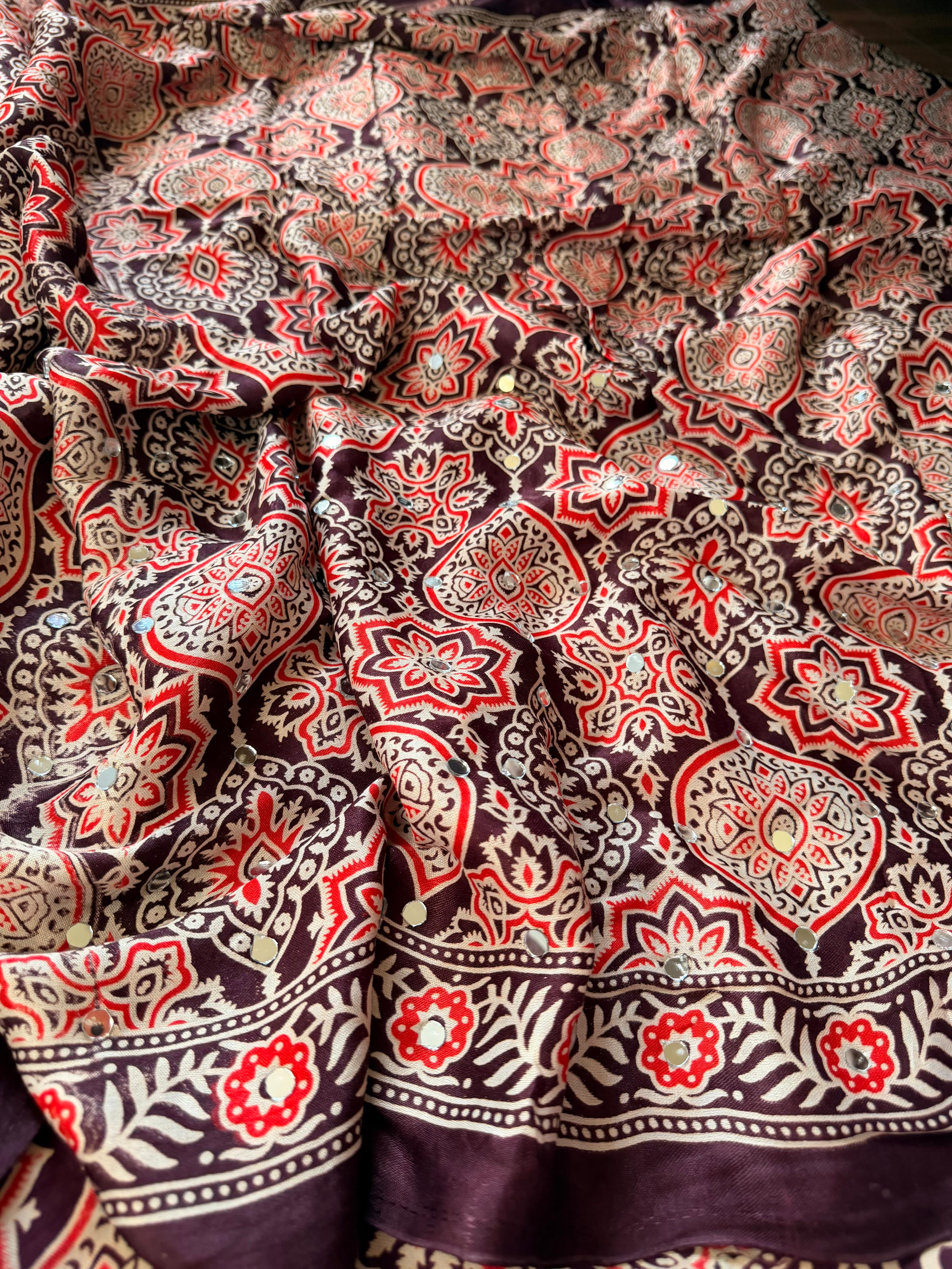 Ajrakh Modal Mirror Work Saree-Brown