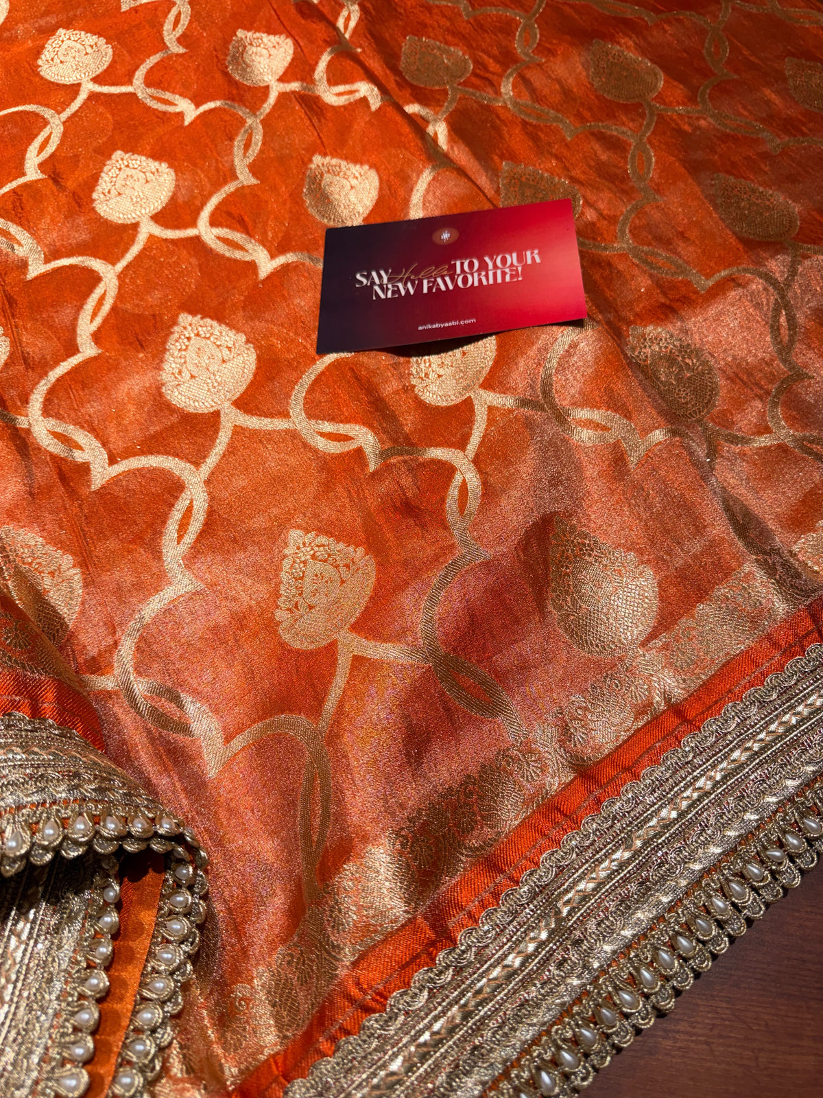 Orange Banarasi Tissue Motif Lace saree- Tissue Luxe