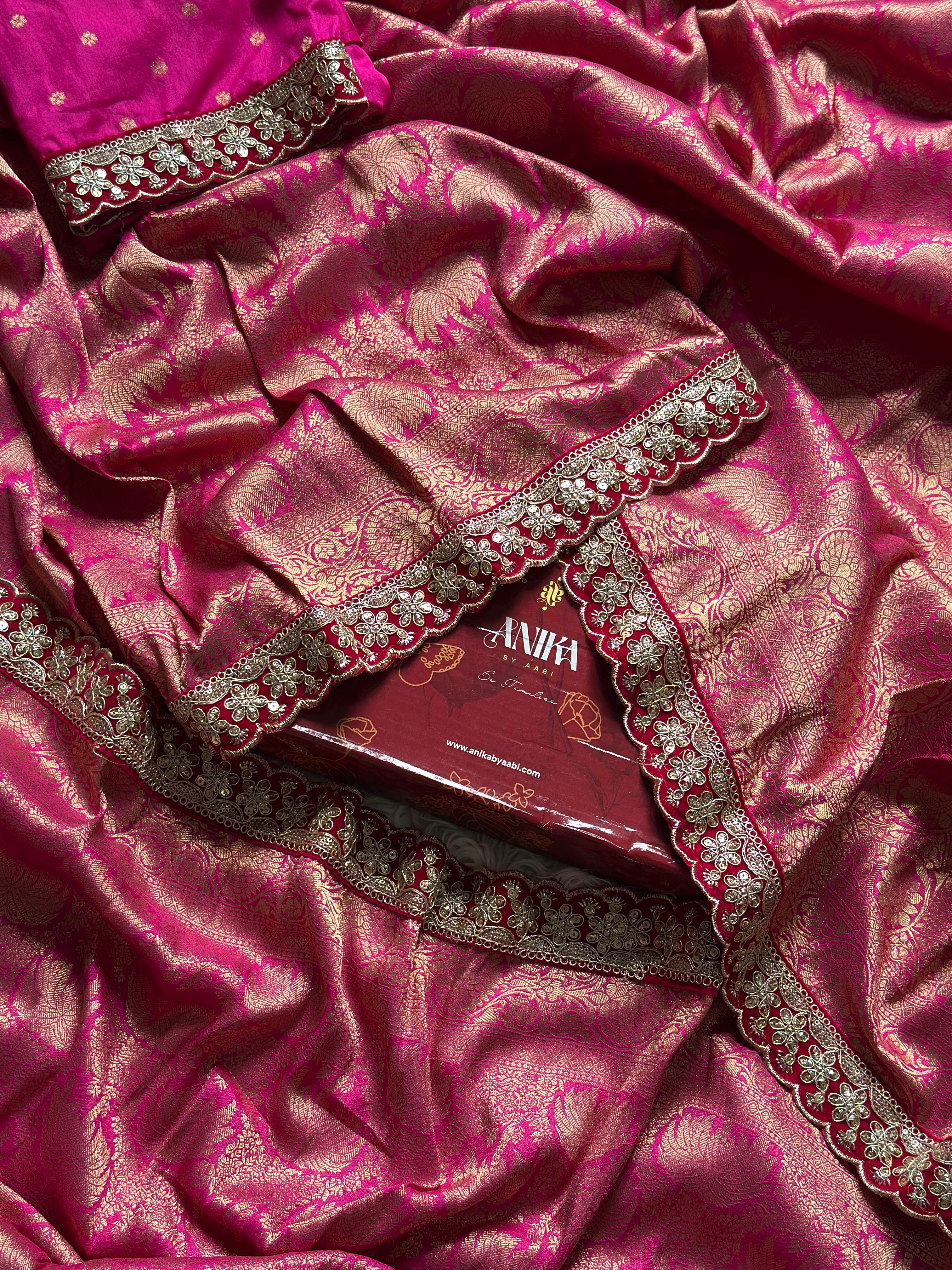 BANARASI BROCADE SILK SAREE WITH LACE - RANIPINK