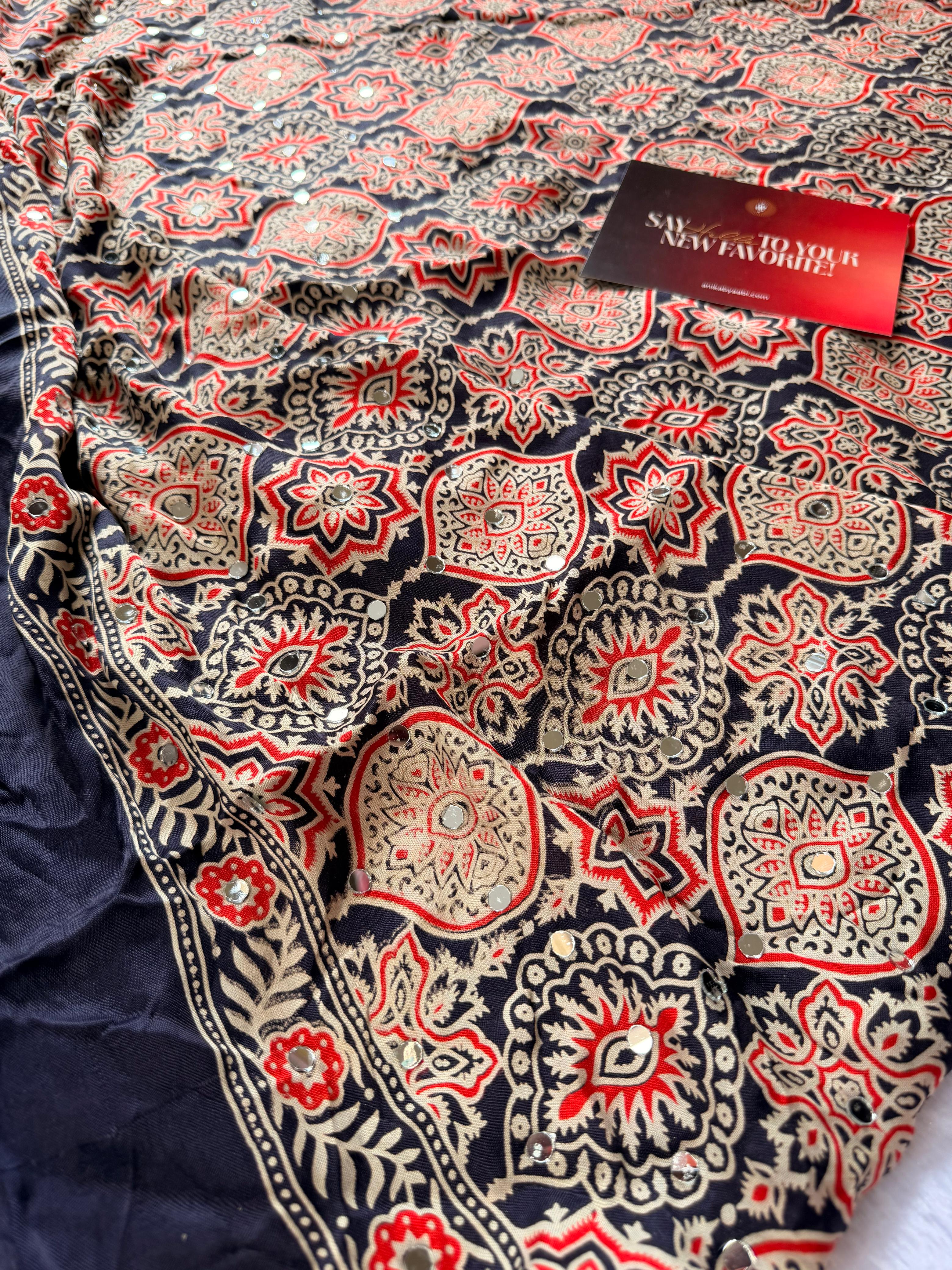 Ajrakh Model Mirror Work Saree-Nevyblue