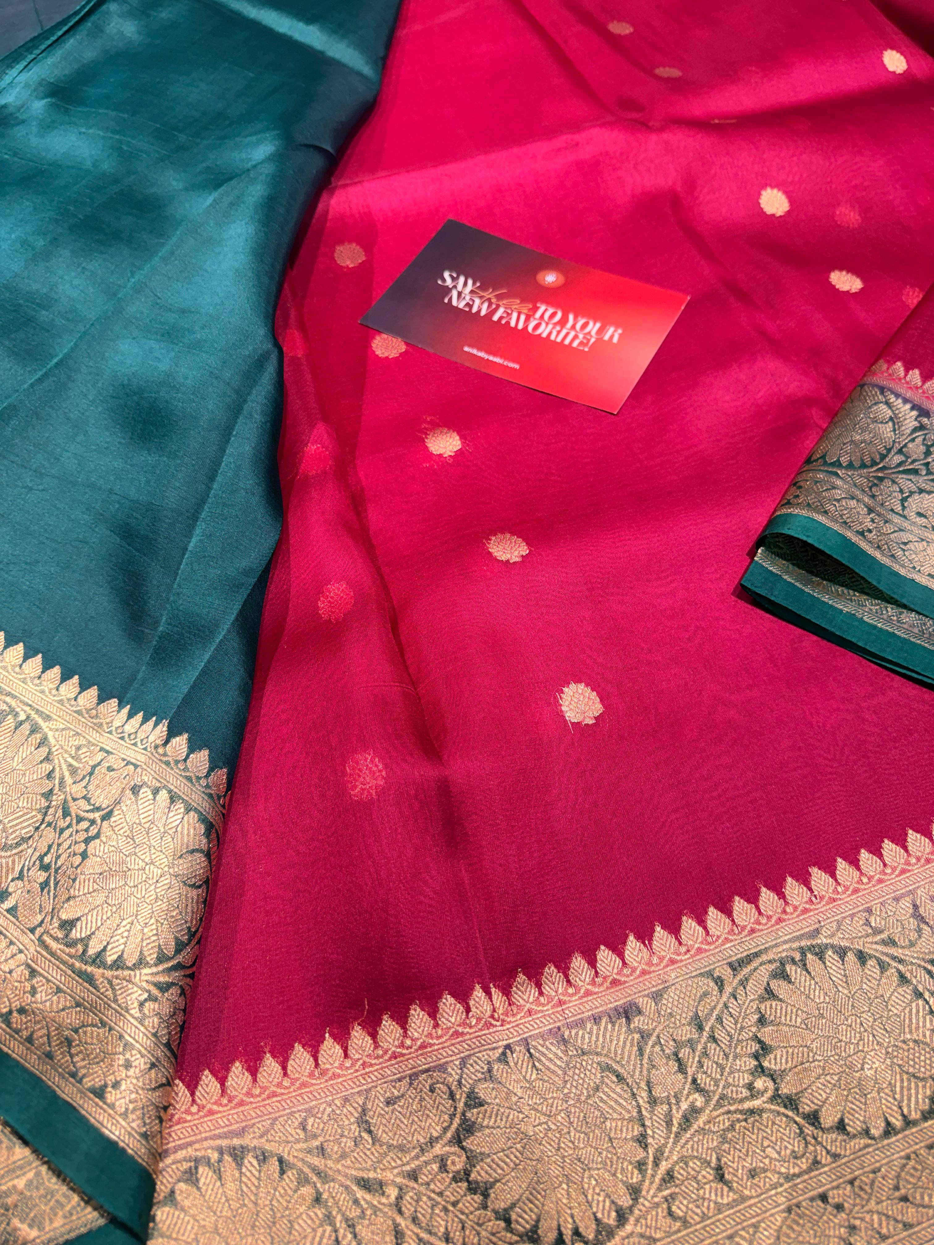 Pure Banarasi Kora Organza Saree – Rani pink-Peacock Green - BKO-703
