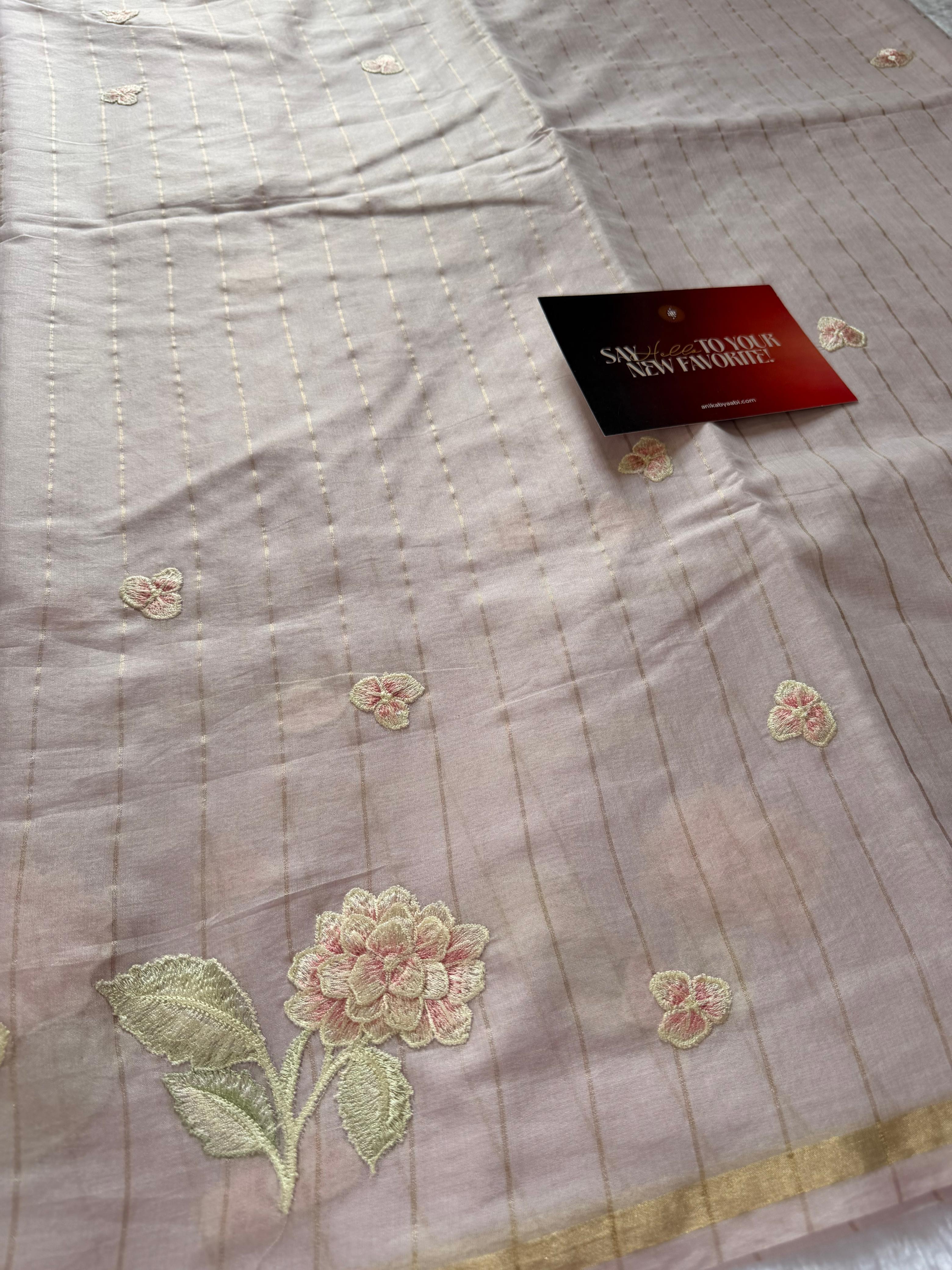 Pastel Pink Chanderi Linen Embroidered Saree – Bloom Edit AC02