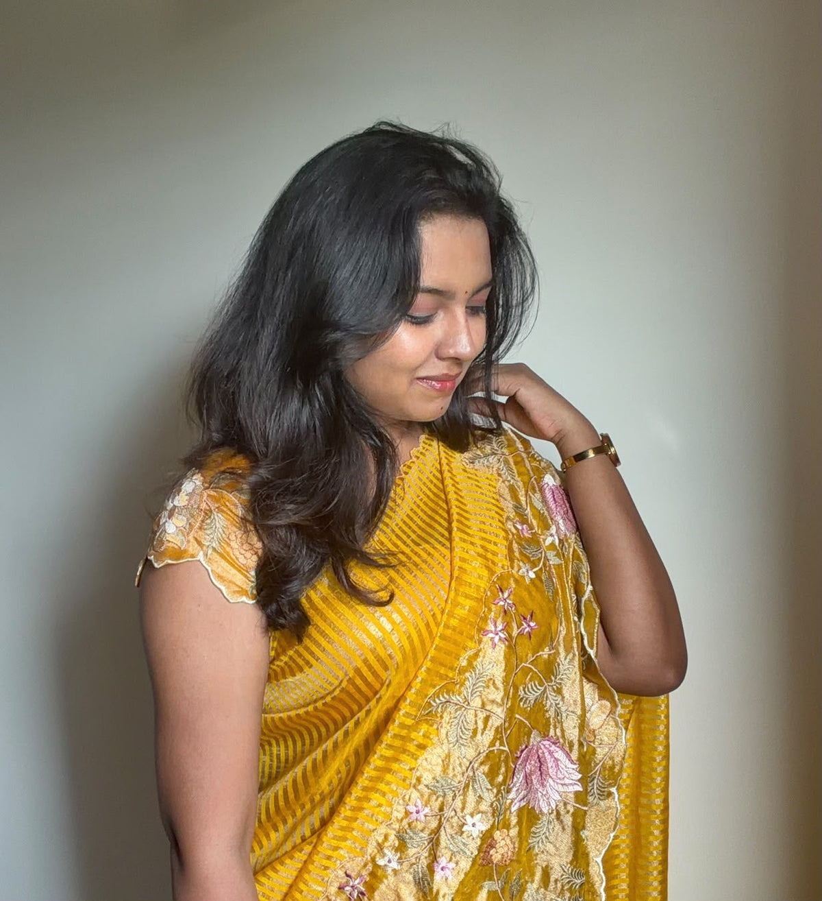 Yellow Tissue Cutwork Floral Border Saree- AC01
