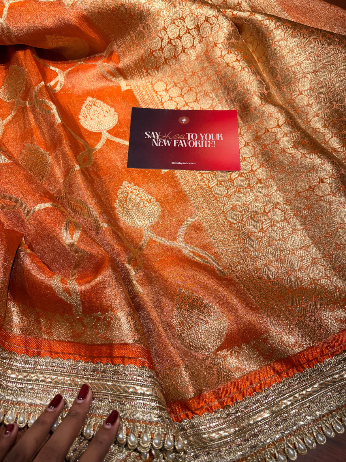 Orange Banarasi Tissue Motif Lace saree- Tissue Luxe