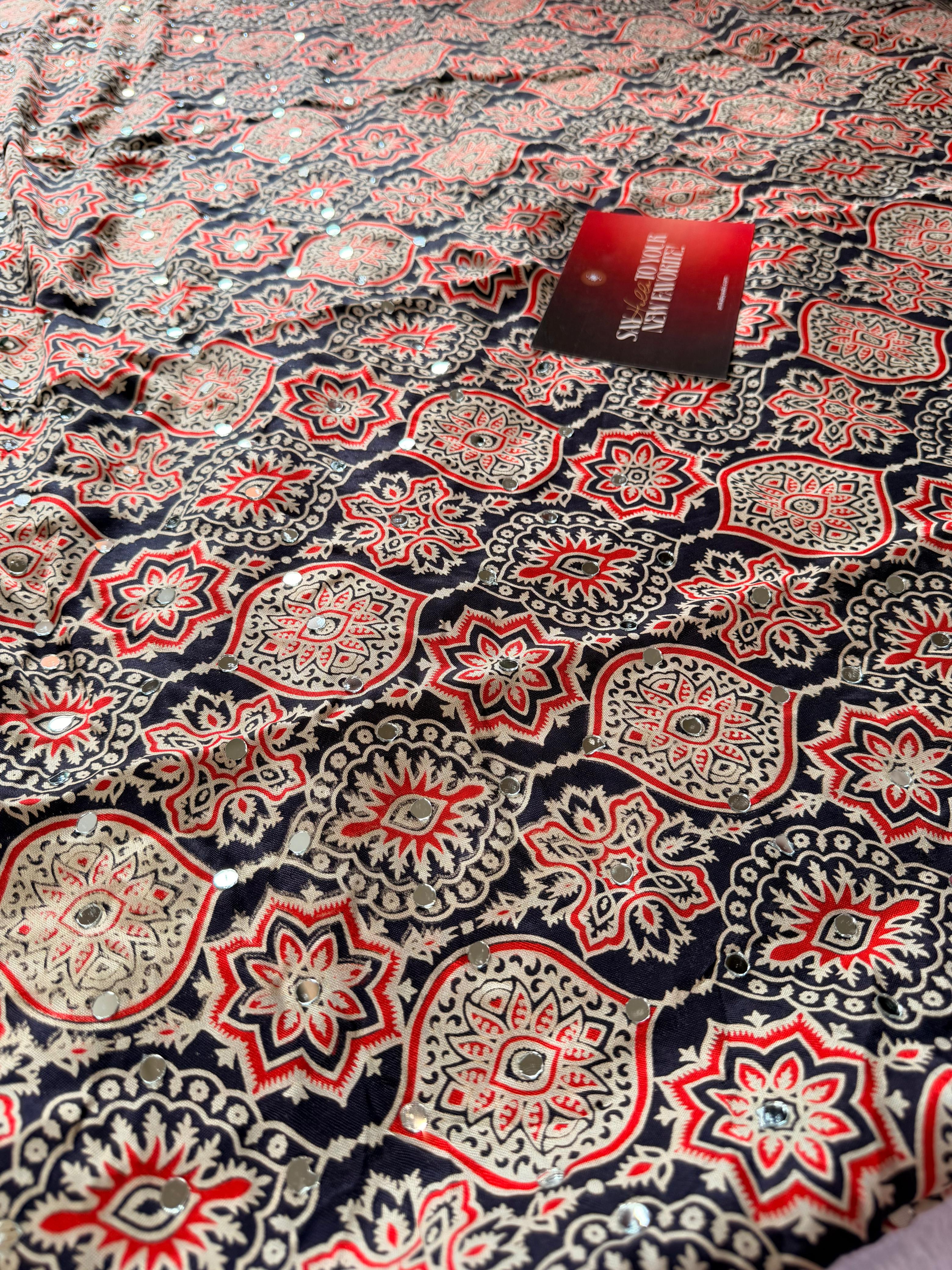 Ajrakh Model Mirror Work Saree-Nevyblue