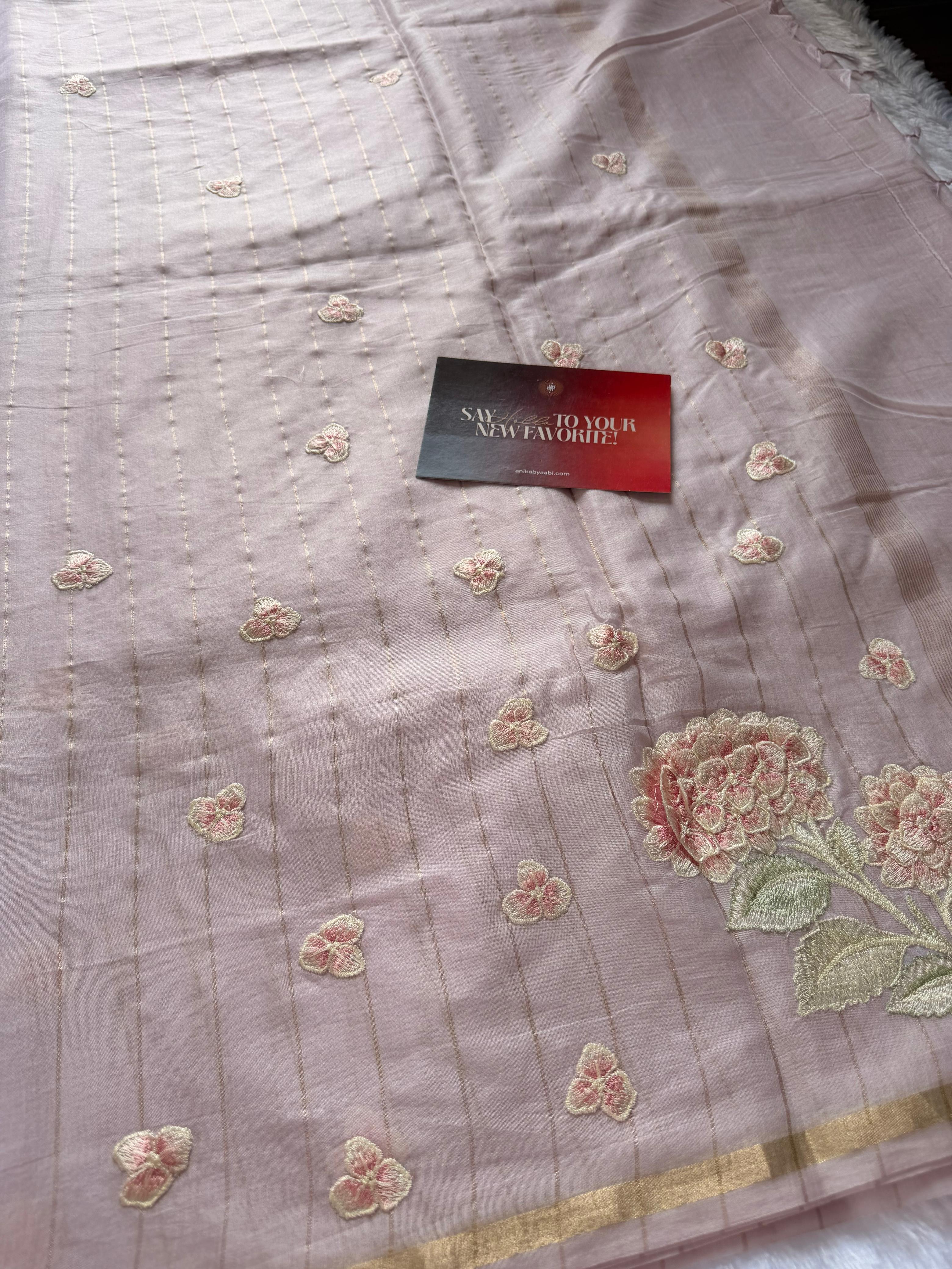 Pastel Pink Chanderi Linen Embroidered Saree – Bloom Edit AC02
