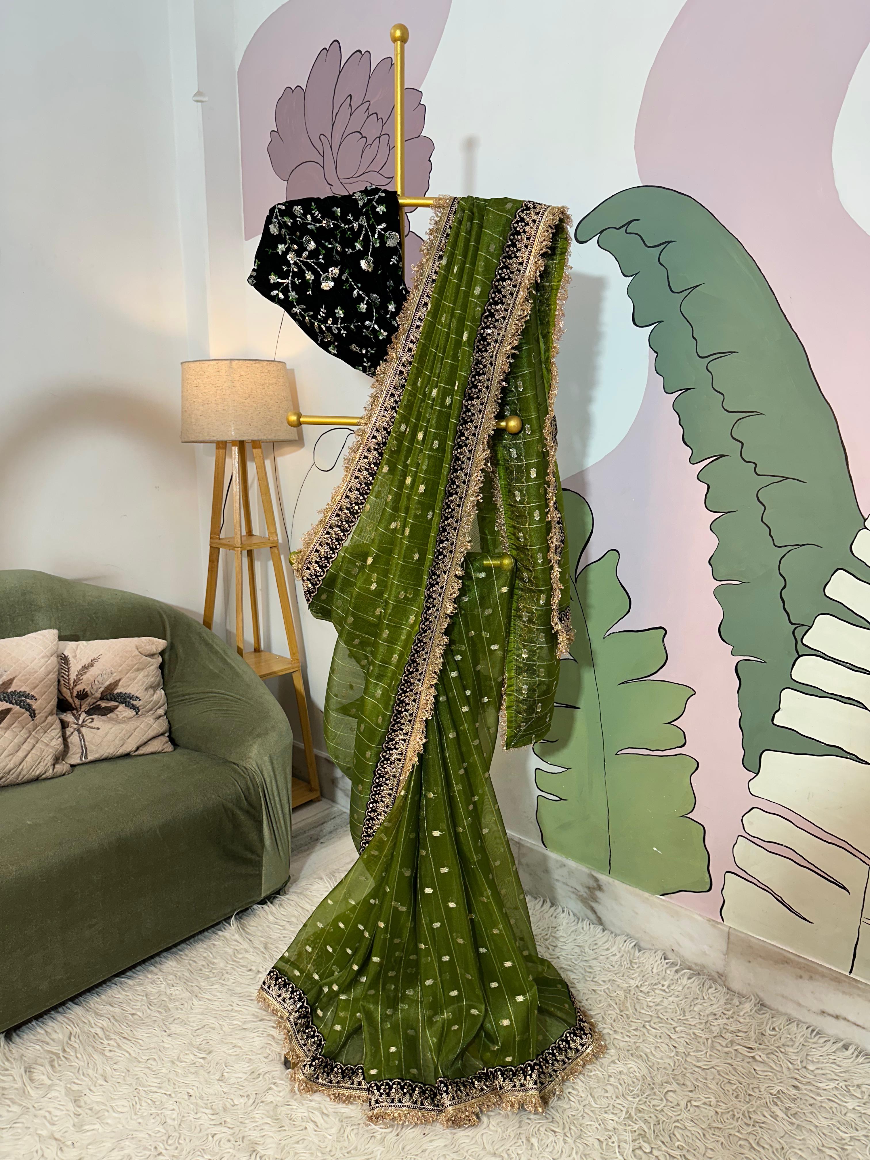 TISSUE LUXE  CHECKS SAREE -Green