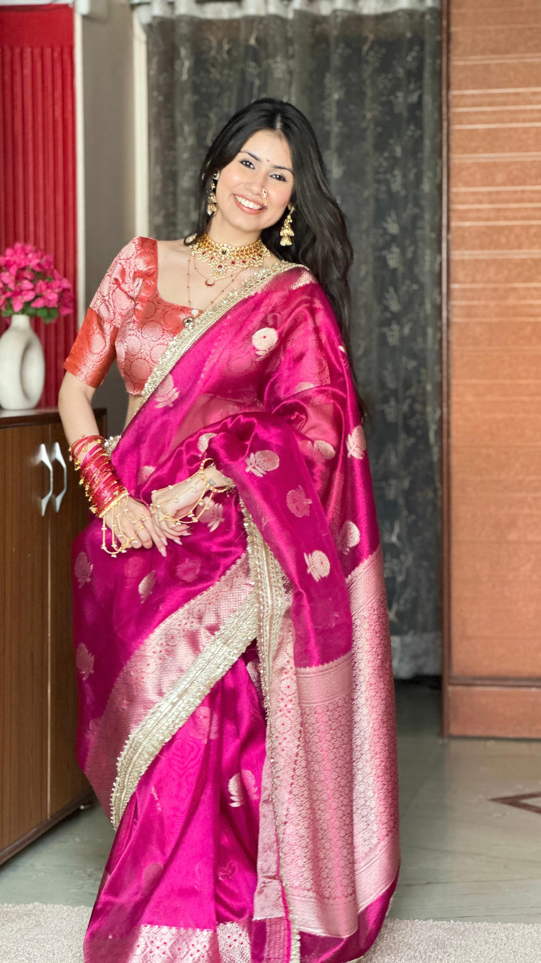Dark Pink Tissue Motif Lace Saree-TLM03