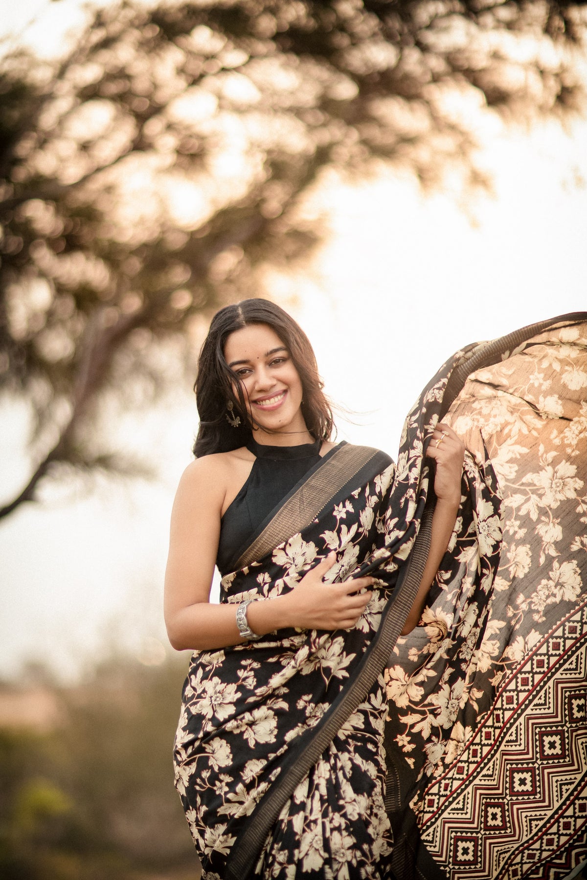 Black-White Floral Print Semi Dola Saree - Jess Black